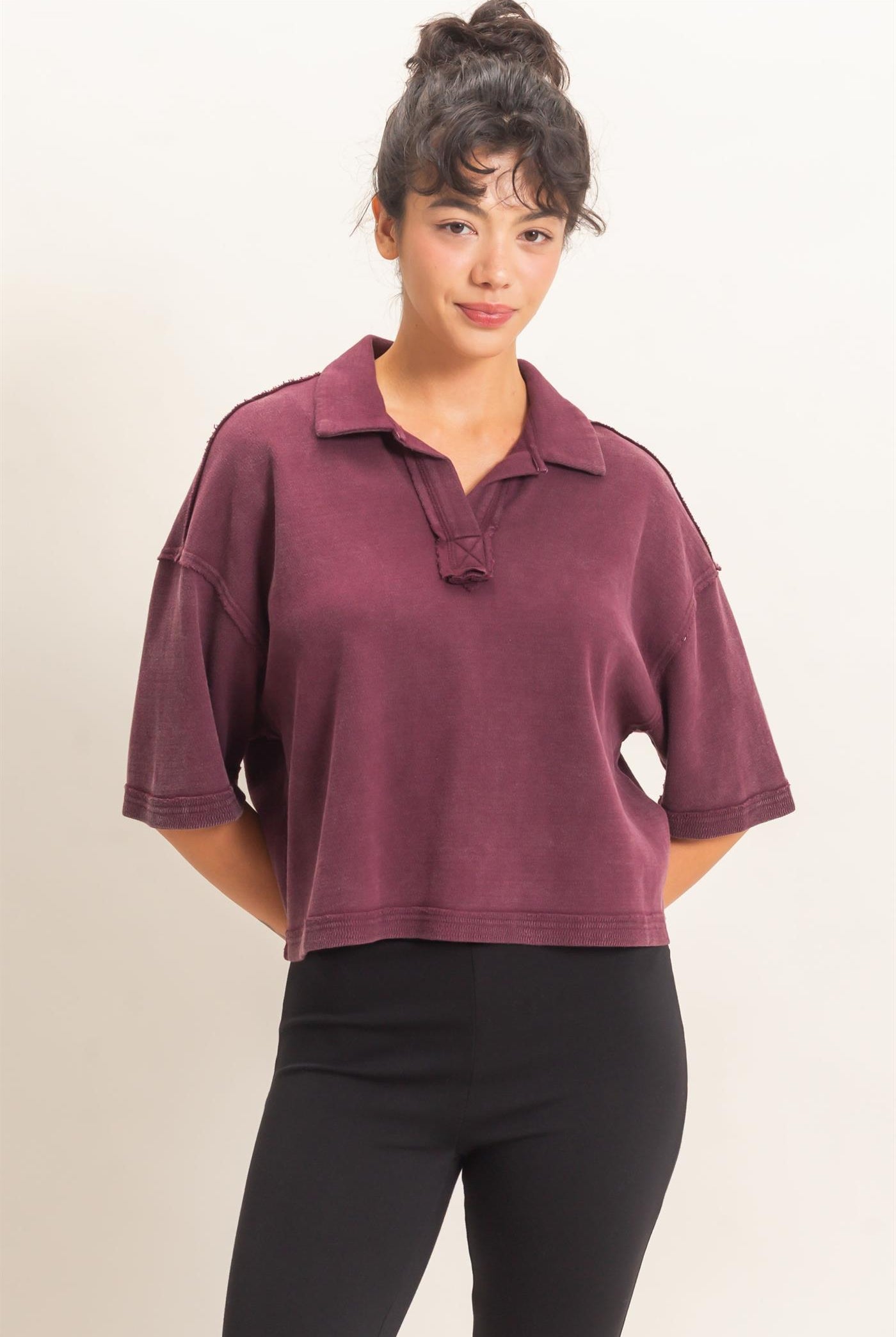 Wholesale Mineral Wash Oversized Collar Short Sleeve Top Clothing Tops DZ26E813 DARK CHERRY DOUBLE ZERO