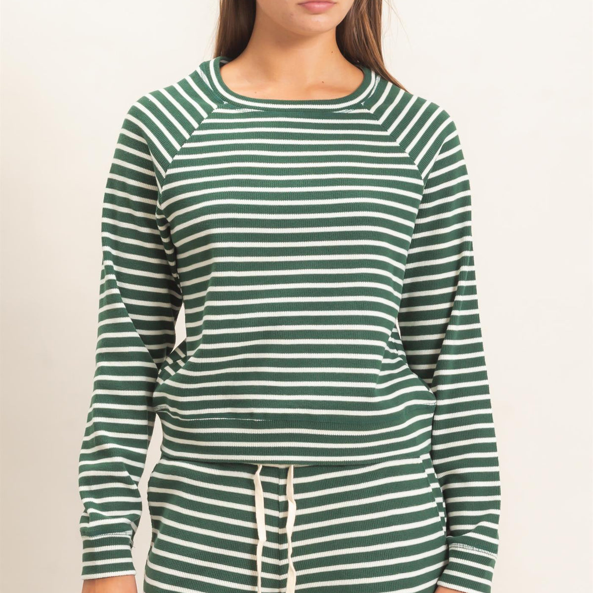 Wholesale Striped Waffle Knit Raglan Top Clothing Tops DZ26E450 DARK GREEN DOUBLE ZERO