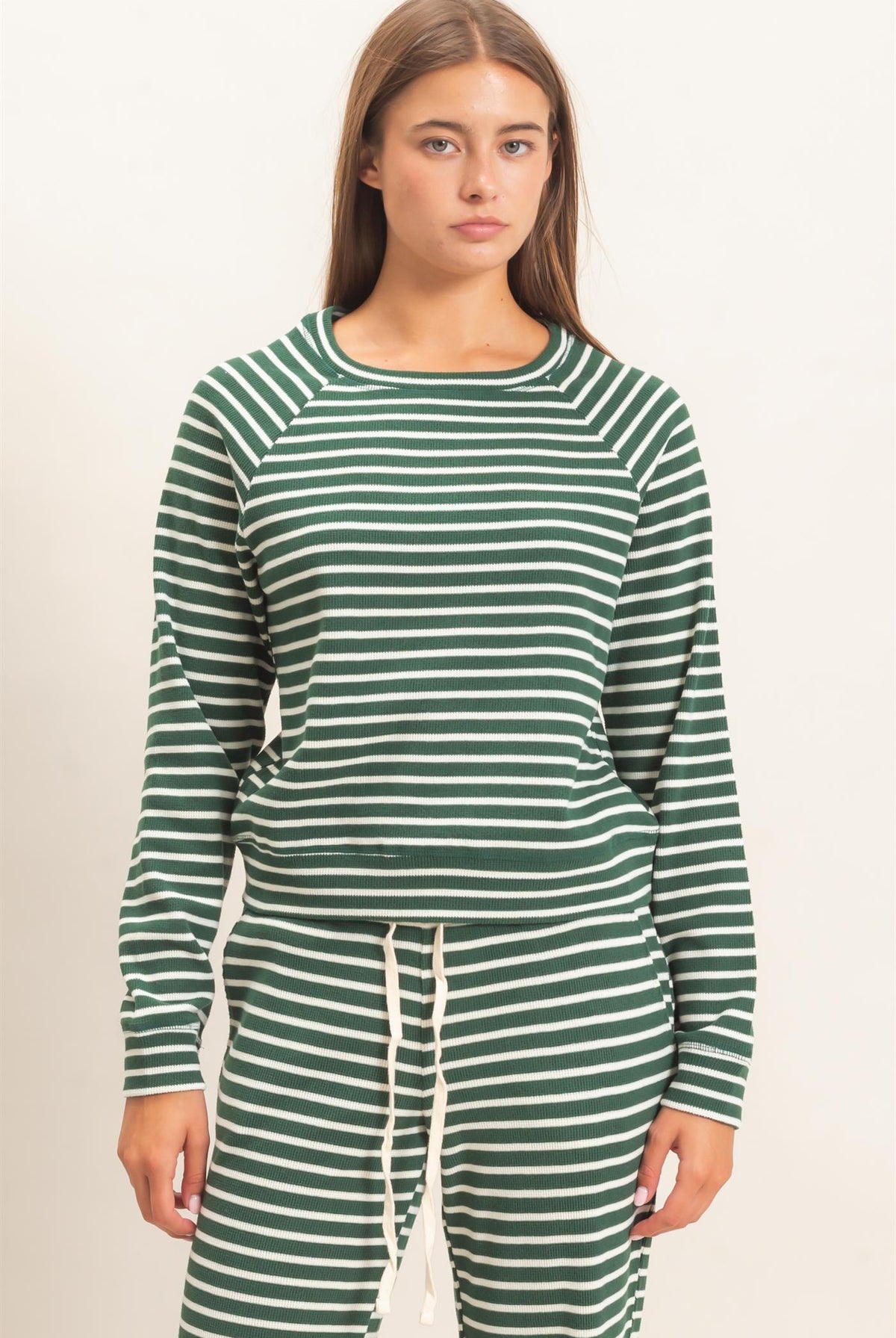 Wholesale Striped Waffle Knit Raglan Top Clothing Tops DZ26E450 DARK GREEN DOUBLE ZERO