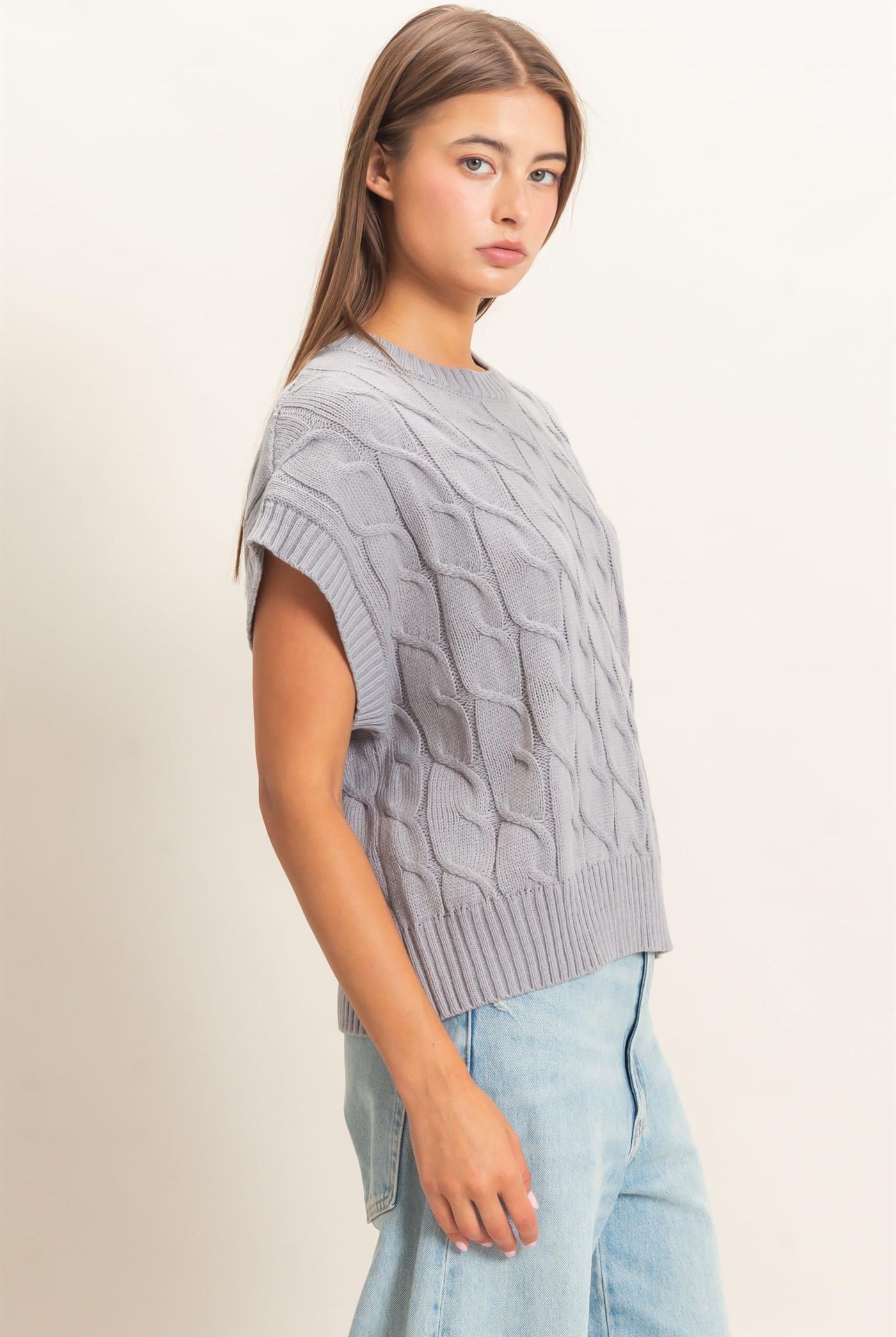 Wholesale Cable Knit Cap Sleeve Sweater Sweaters DZ26C974 GRAY DOUBLE ZERO