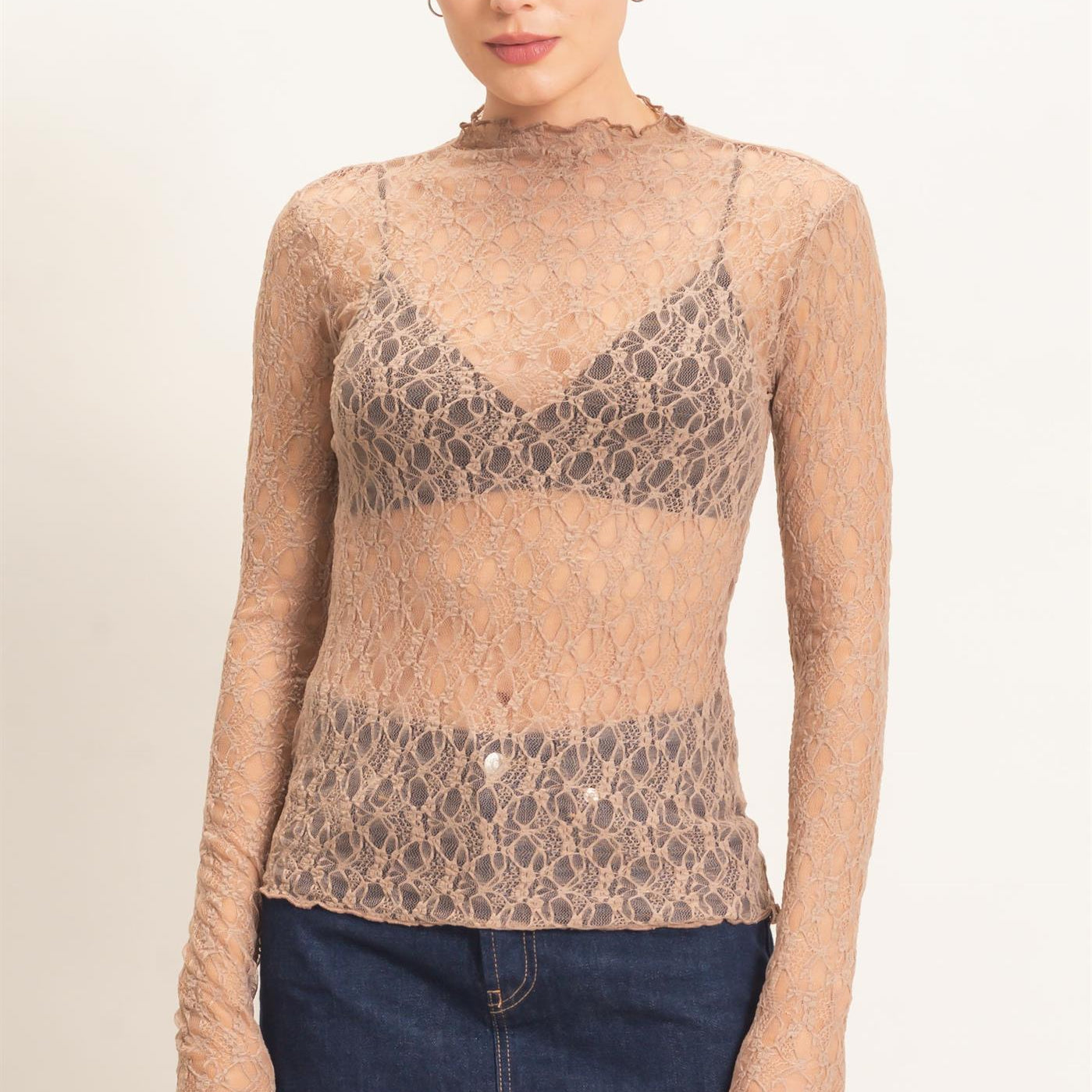 Wholesale Lace Mock Neck Long Sleeve Top Clothing Tops HF26E033-D LIGHT BROWN HYFVE