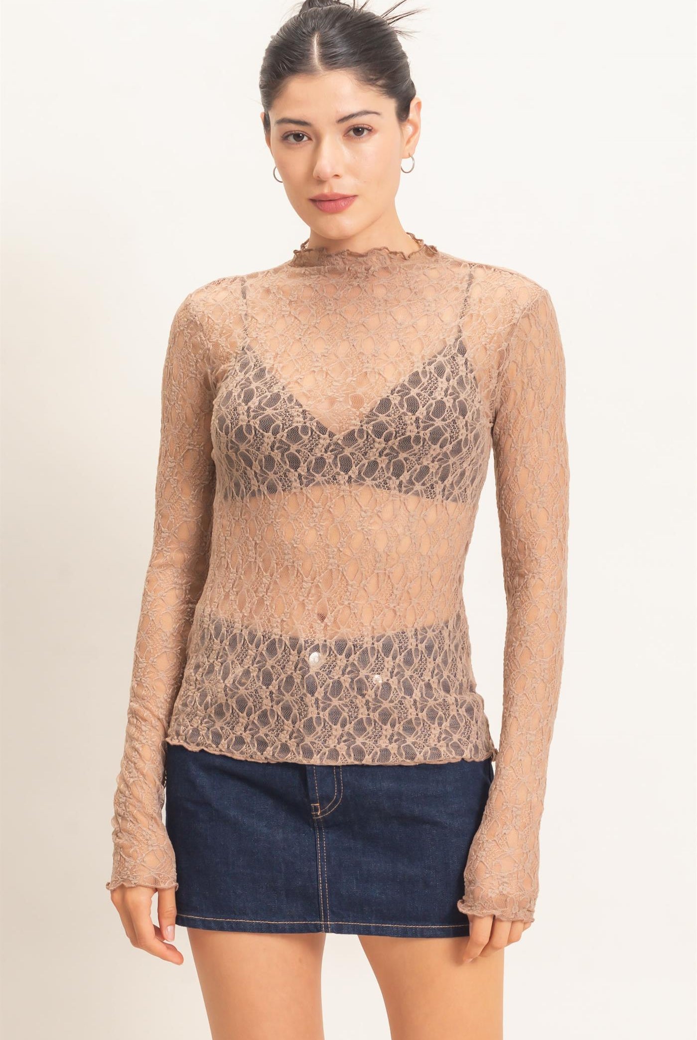Wholesale Lace Mock Neck Long Sleeve Top Clothing Tops HF26E033-D LIGHT BROWN HYFVE
