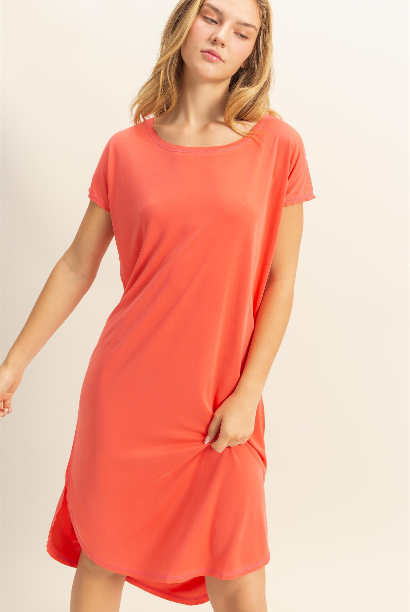 Wholesale Soft High Low Midi Dress With Round Hem Dresses DZ25E307 CORAL DOUBLE ZERO