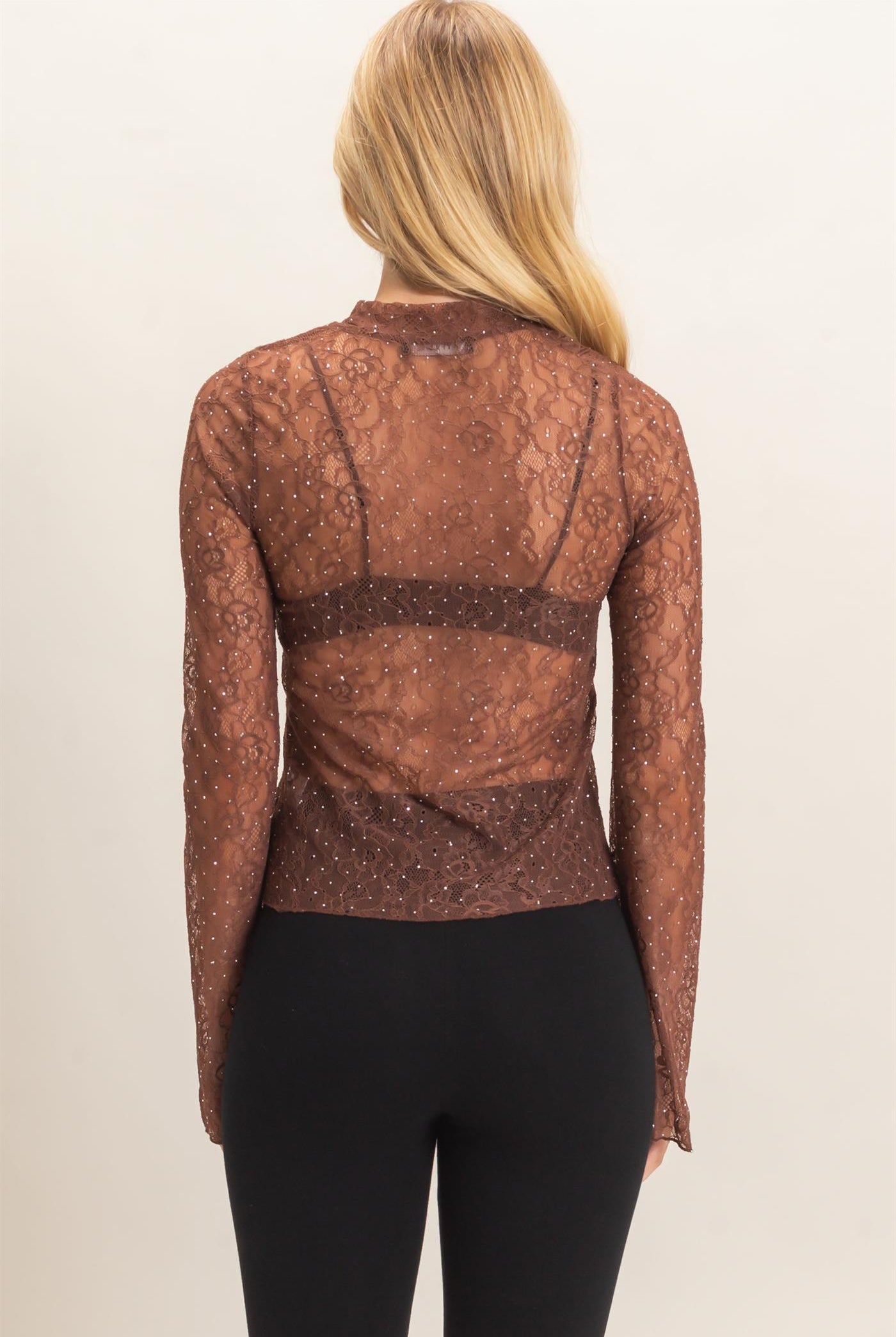 Wholesale Sheer Lace Gem-Embellished Top Clothing Tops HF26F055 BROWN HYFVE