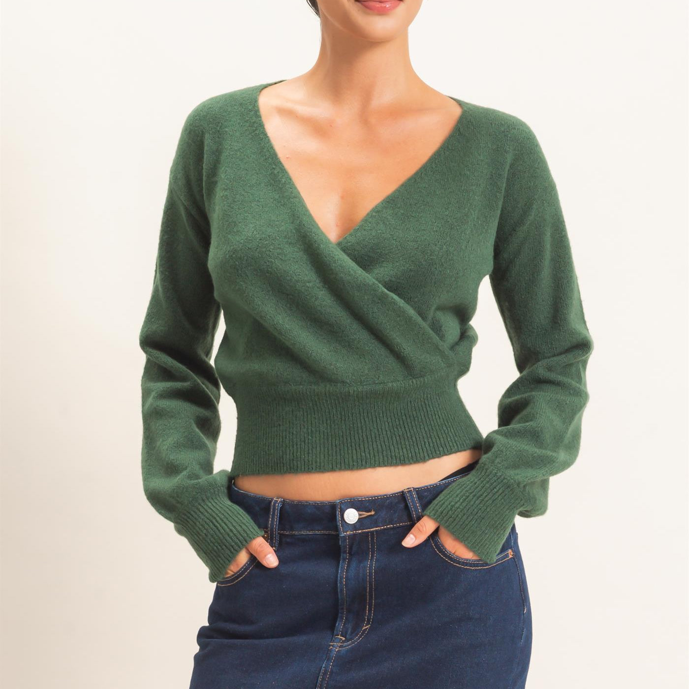 Wholesale Wrap V Neck Sweater Sweaters DZ26E948 DARK GREEN DOUBLE ZERO