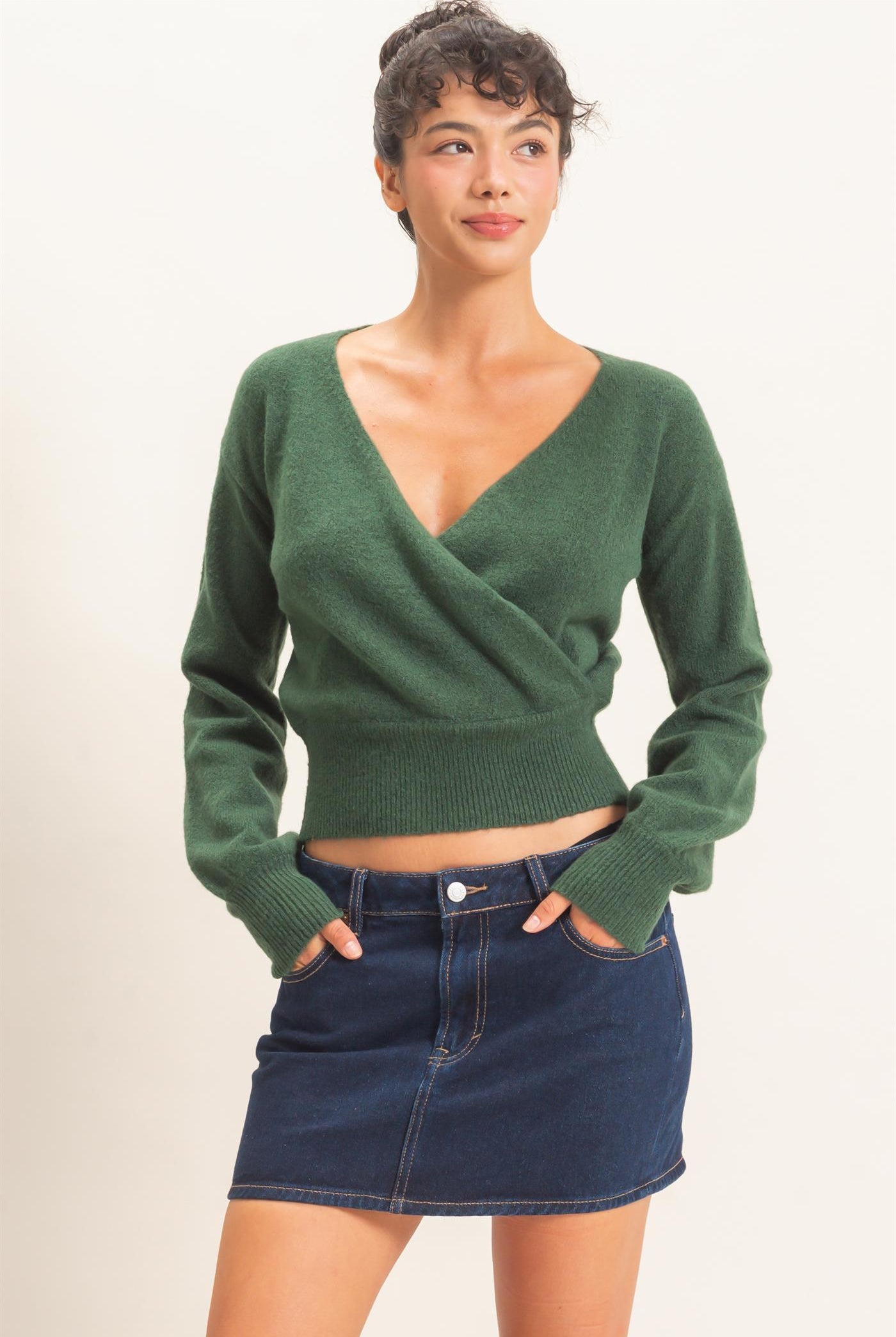 Wholesale Wrap V Neck Sweater Sweaters DZ26E948 DARK GREEN DOUBLE ZERO