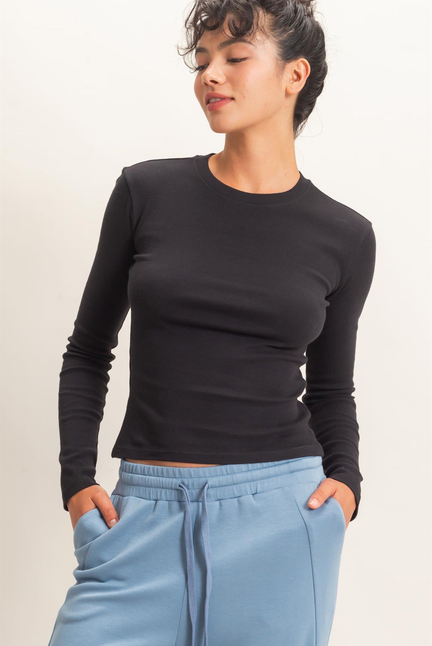Wholesale Crew Neck Long Sleeve Top Clothing Tops DZ26E184 BLACK DOUBLE ZERO