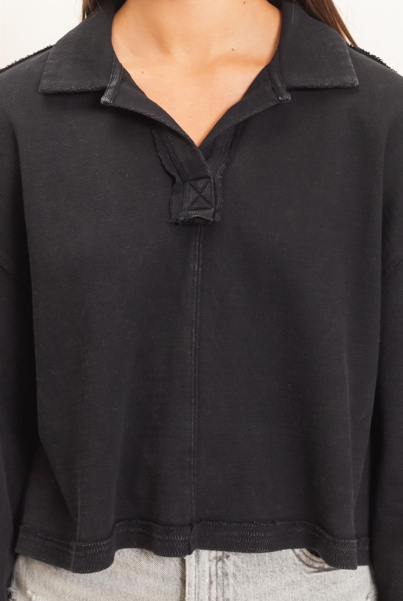 Wholesale Mineral Wash Textured Collar Top Polos DZ26E814 BLACK DOUBLE ZERO