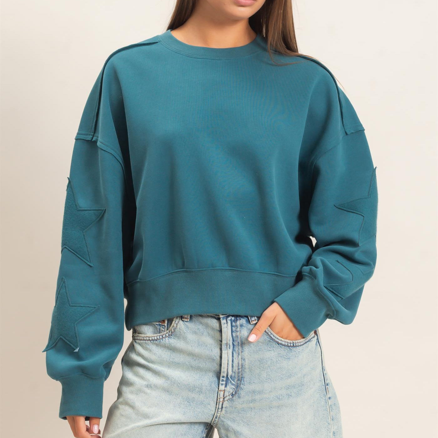 Wholesale Star Patch Sleeve Sweatshirt Sweatshirts DZ26E888 DARK TEAL DOUBLE ZERO
