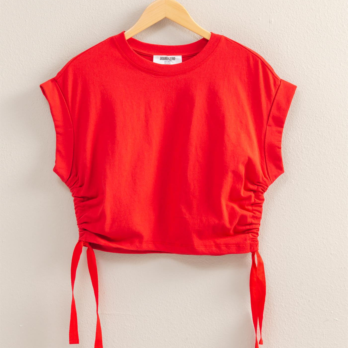 Wholesale Short Sleeve Side Tie Detail Top Clothing Tops DZ25C113 RED DOUBLE ZERO