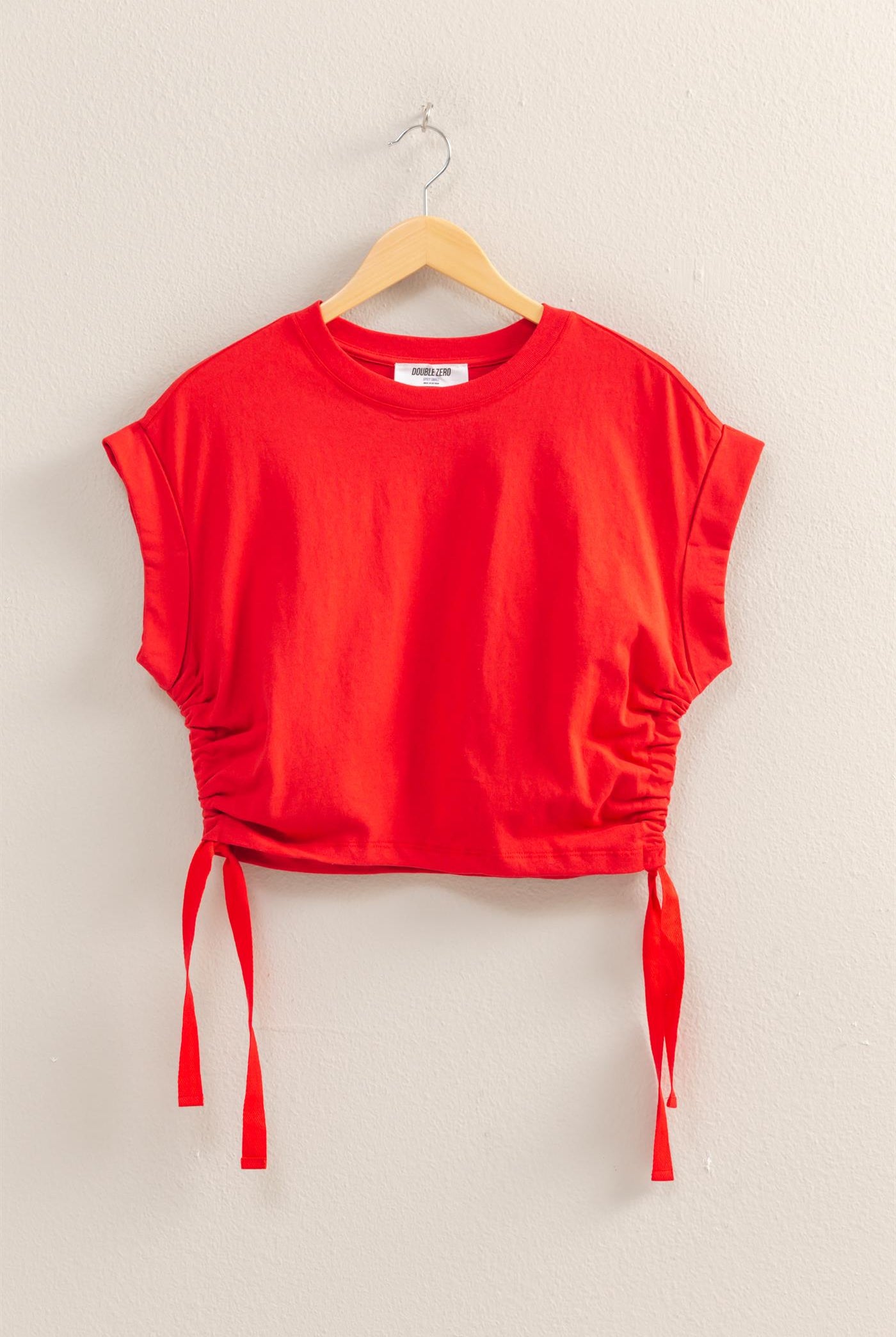 Wholesale Short Sleeve Side Tie Detail Top Clothing Tops DZ25C113 RED DOUBLE ZERO