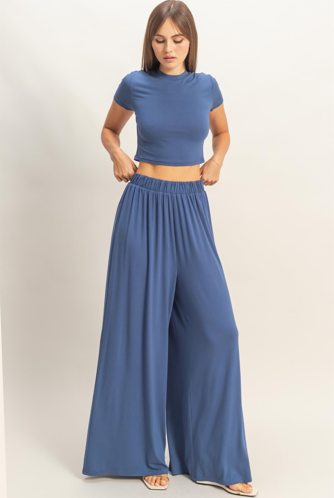 Wholesale Short Sleeve Top & Wide Leg Pants Set Clothing HF26C310-SET-D MIDNIGHT NAVY HYFVE