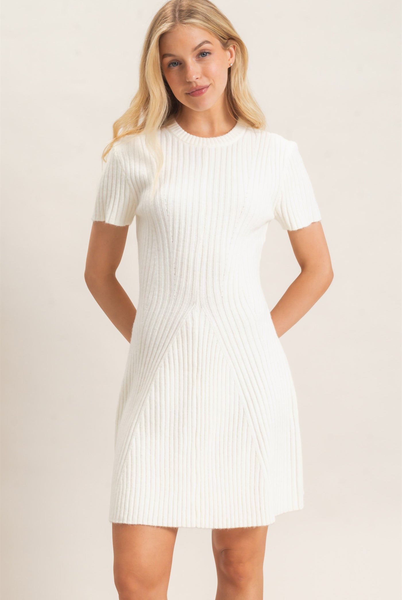 Wholesale Ribbed Crew Neck Dress Dresses HF26C989 CREAM HYFVE