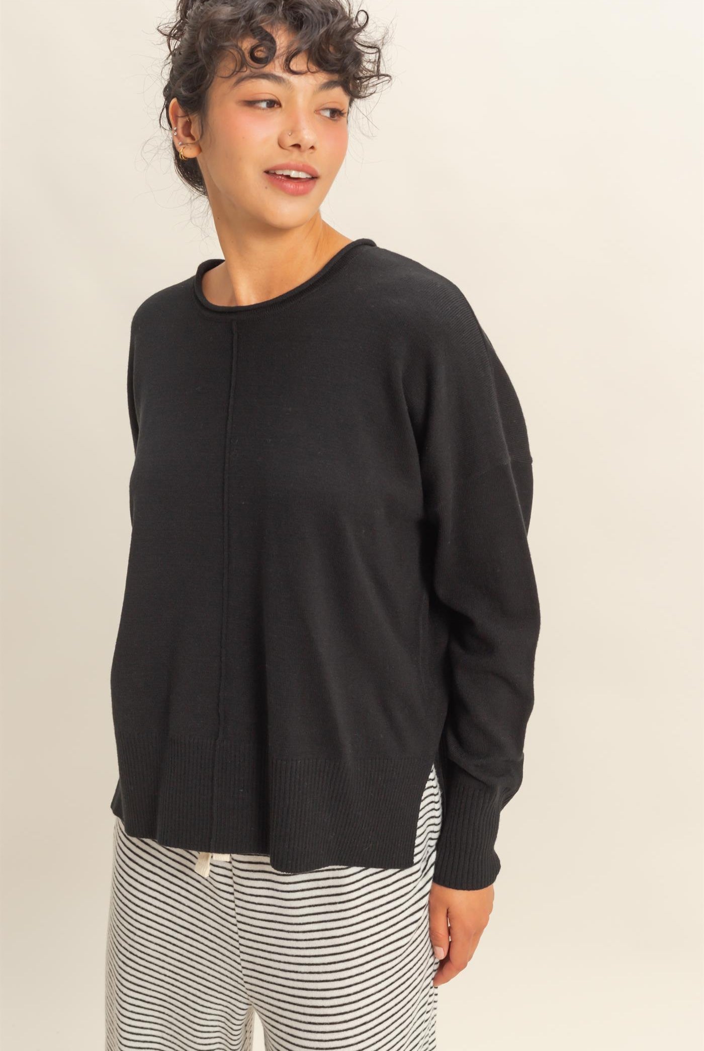 Wholesale Not A Player Roll Neck Drop Shoulder Sweater Sweaters DZ25C938 BLACK DOUBLE ZERO