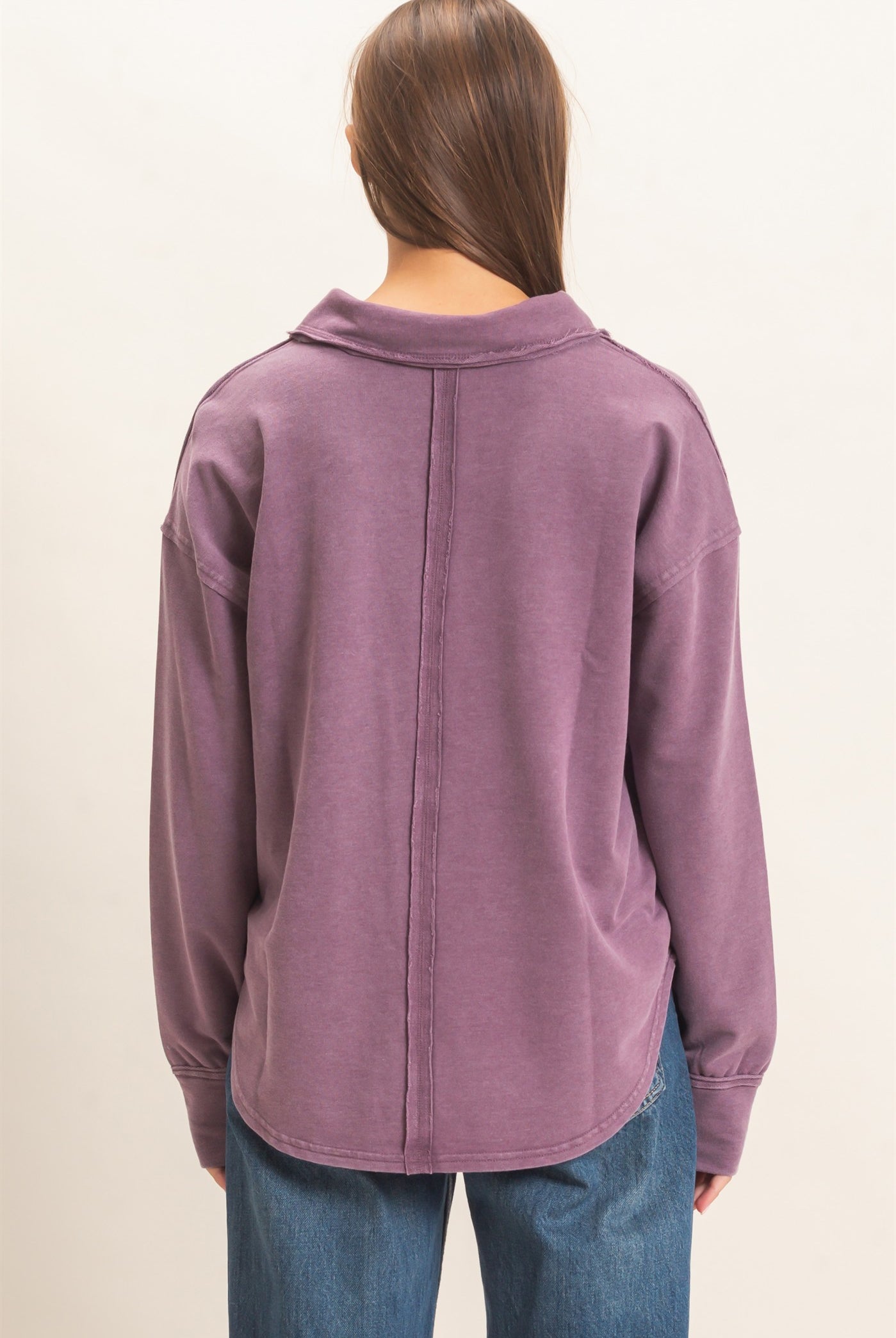 Wholesale Mineral Washed Polo Collar Long Sleeve Top Polos DZ26E887 DARK CHERRY DOUBLE ZERO