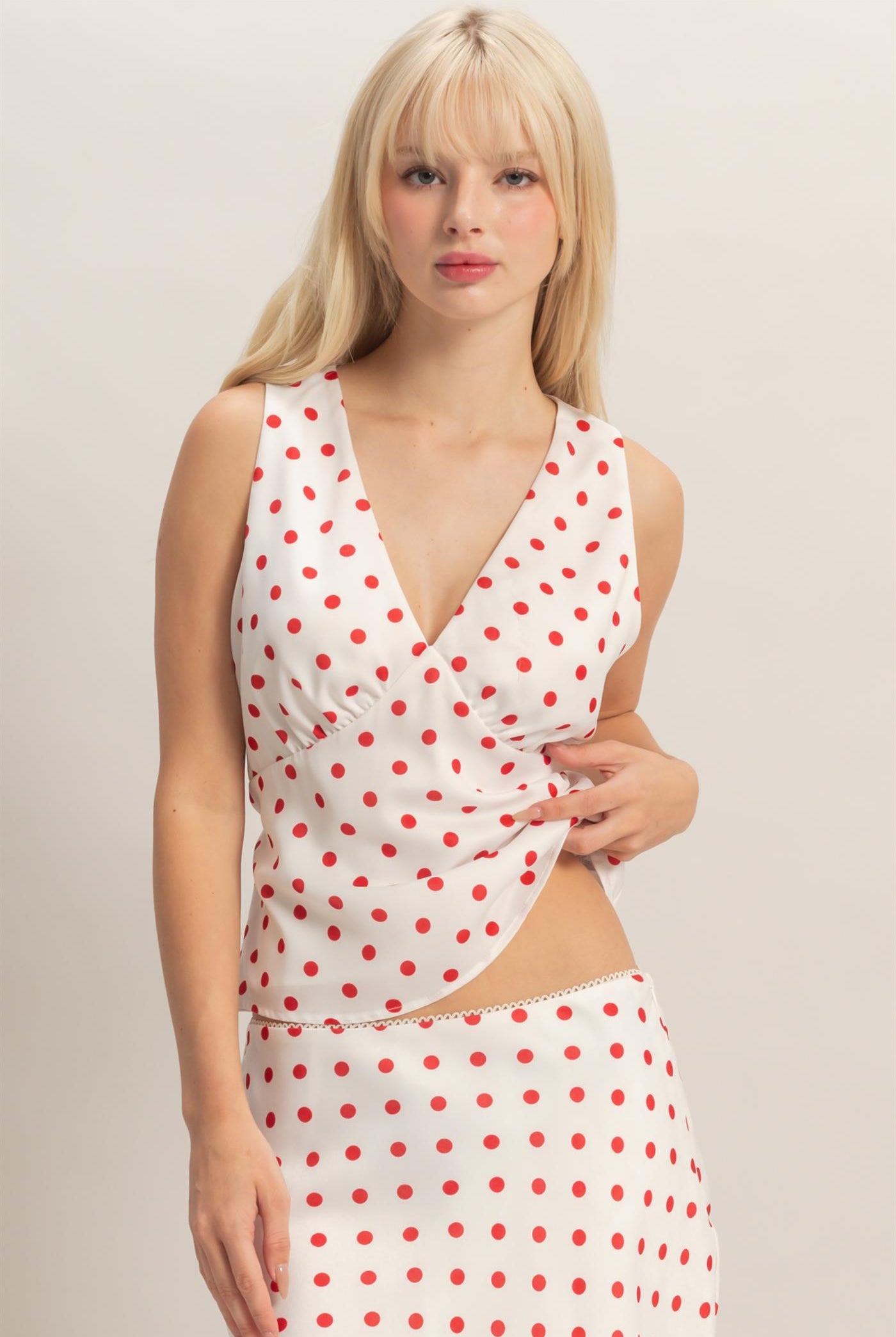 Wholesale Polka Dot V-Neck Satin Top Clothing Tops DZ26C198 RED DOUBLE ZERO