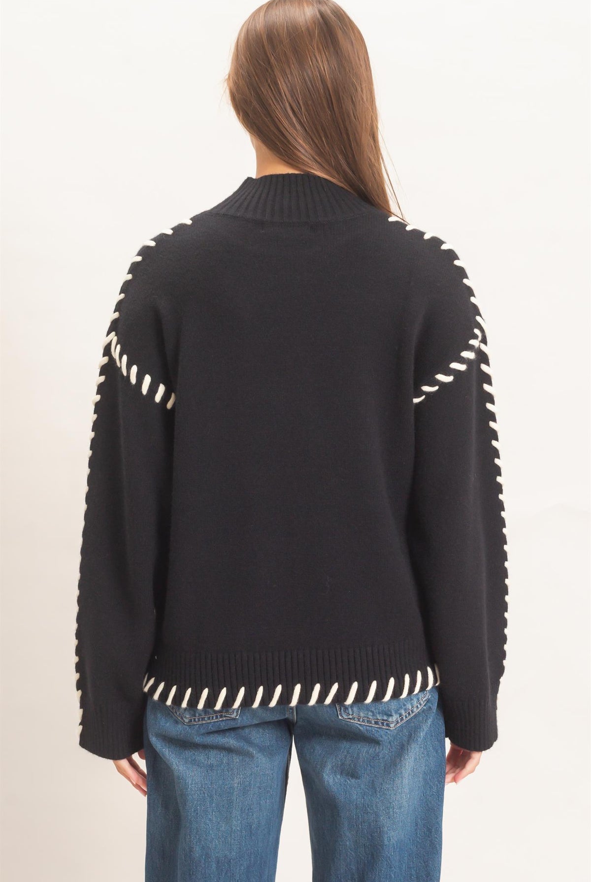 Wholesale Blanket Stitch High Neck Sweater Sweaters DZ27A190 BLACK DOUBLE ZERO