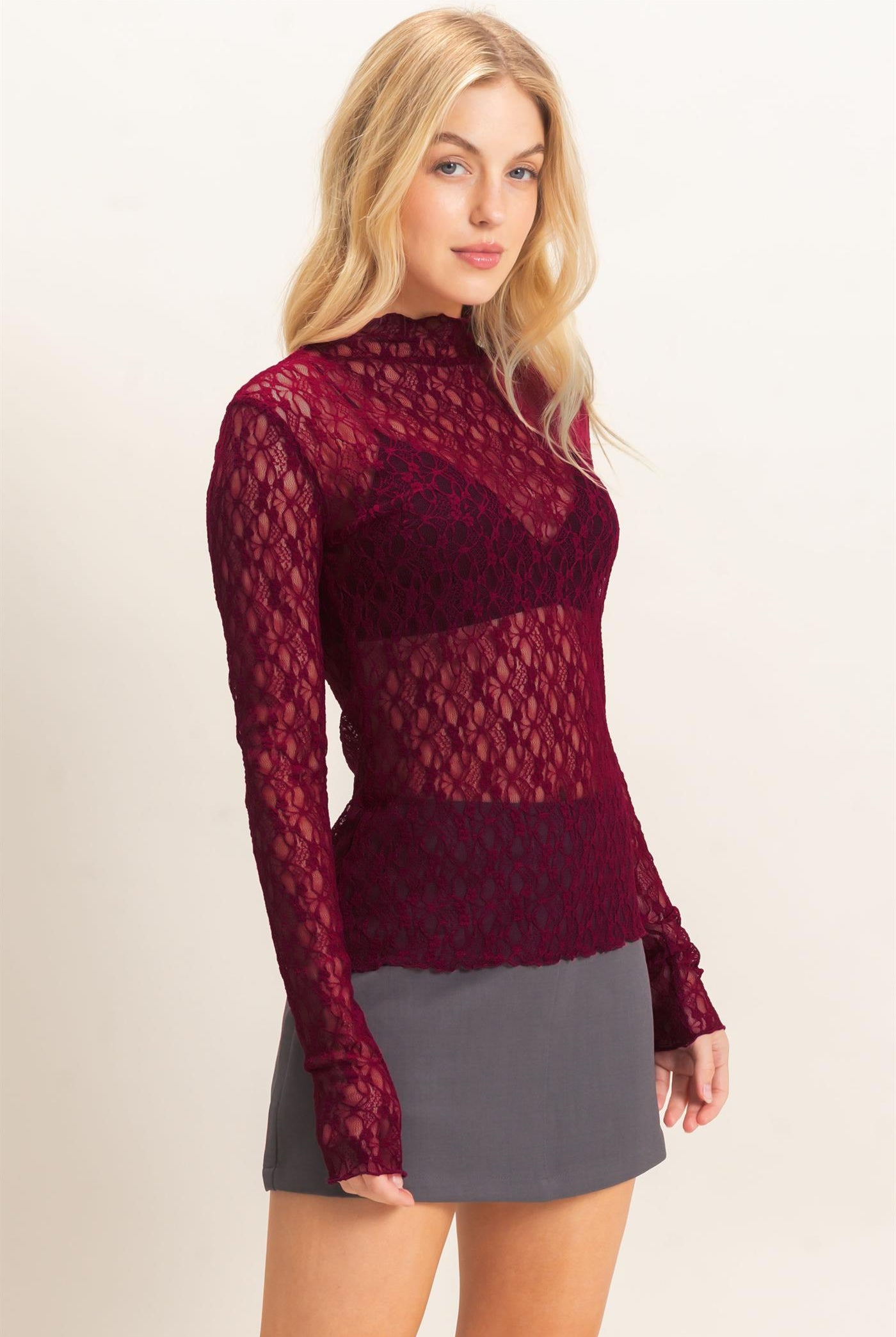 Wholesale Lace Mock Neck Long Sleeve Top Clothing Tops HF26E033-D BURGUNDY HYFVE
