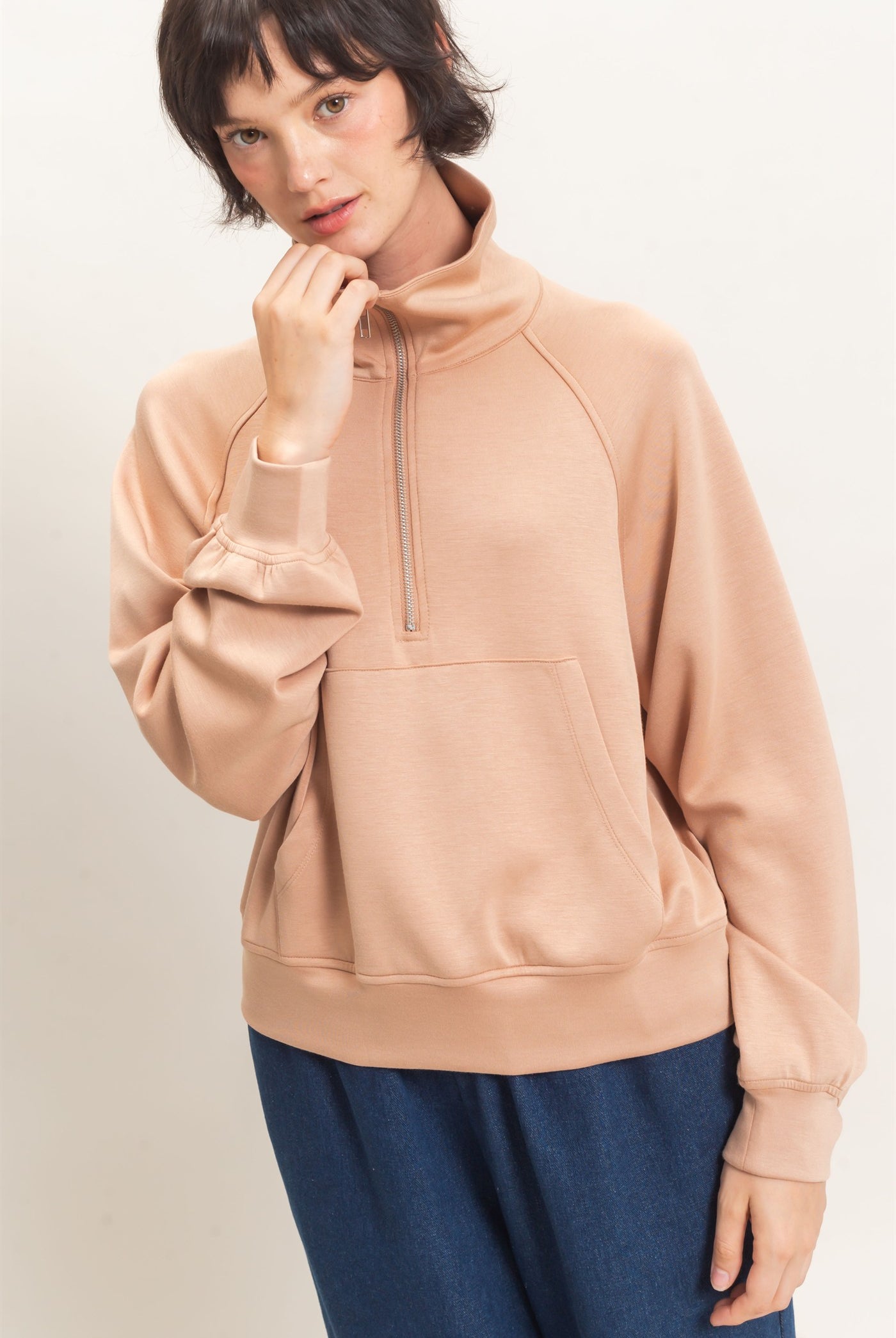 Wholesale Half-Zip Collar Raglan Pullover Sweatshirts DZ26C967 DARK TAUPE DOUBLE ZERO
