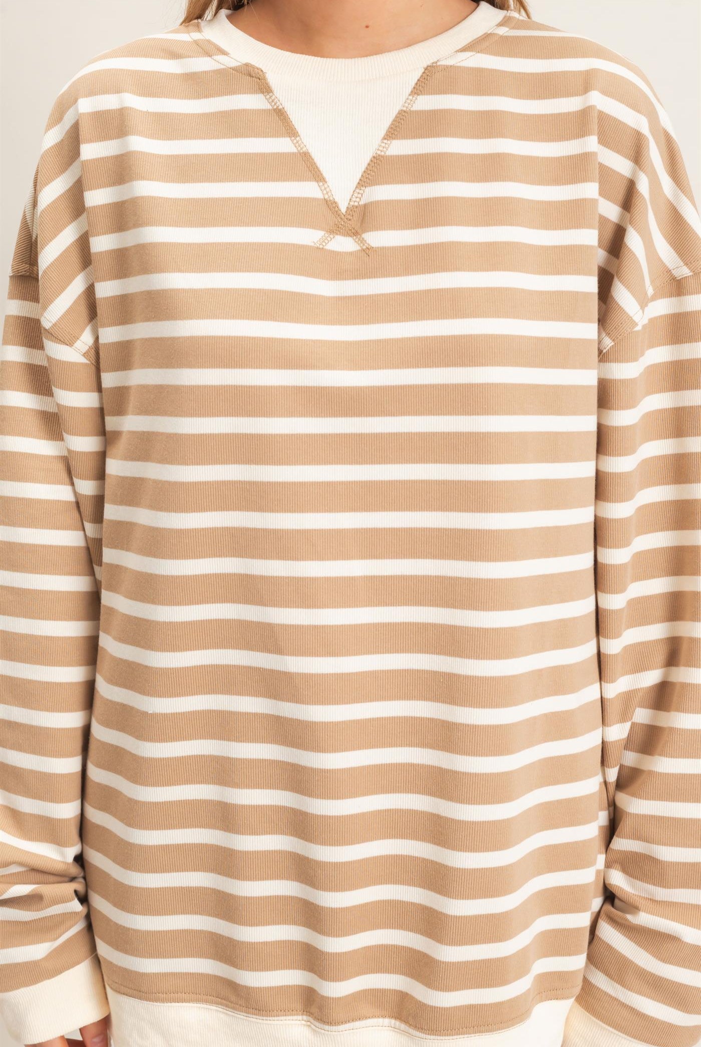 Wholesale Striped Long Sleeve Pullover Sweatshirts HF26F077 TAUPE/CREAM HYFVE
