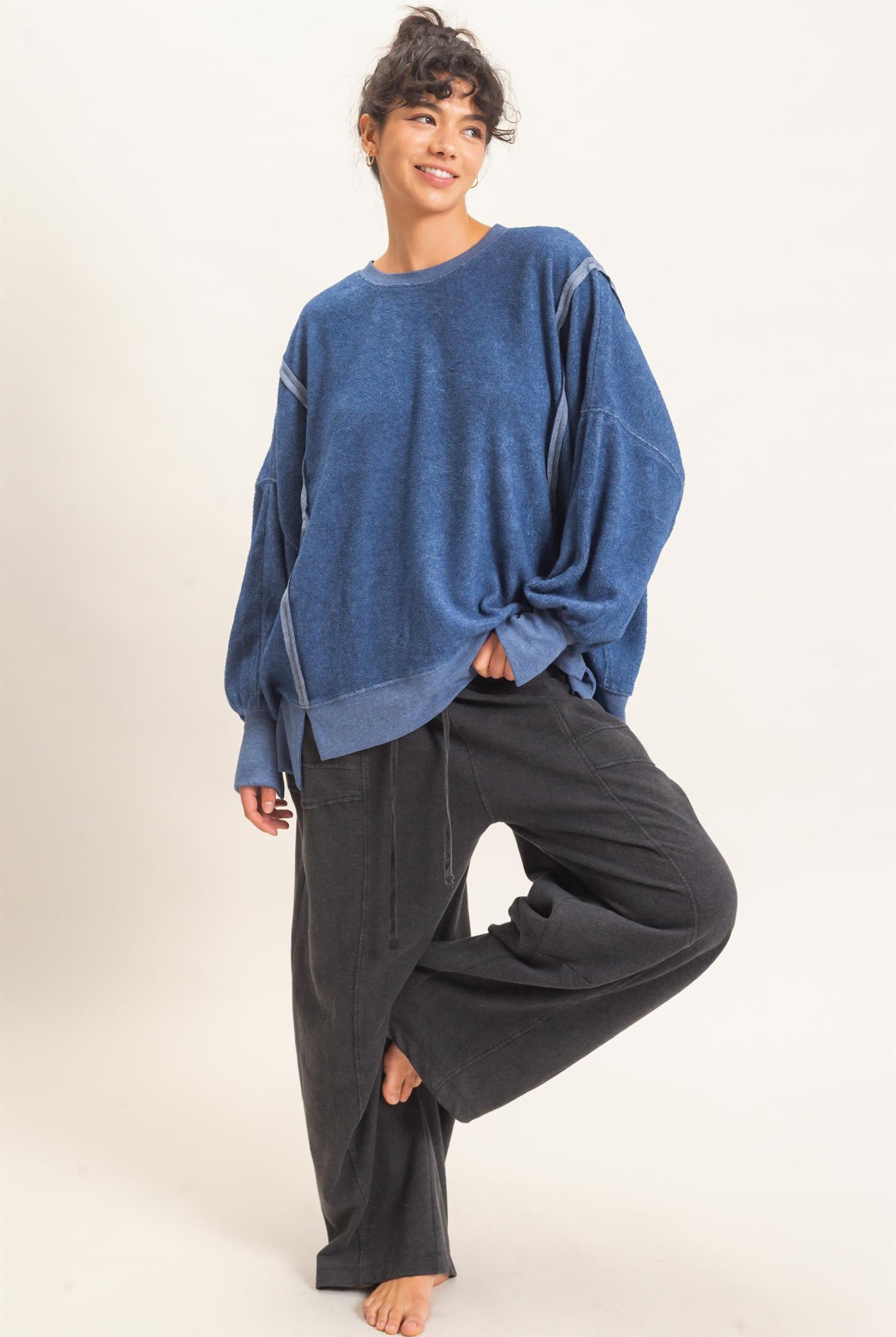 Wholesale Oversized Raw Edge Crew Neck Sweatshirt Sweatshirts DZ26E273 NAVY DOUBLE ZERO