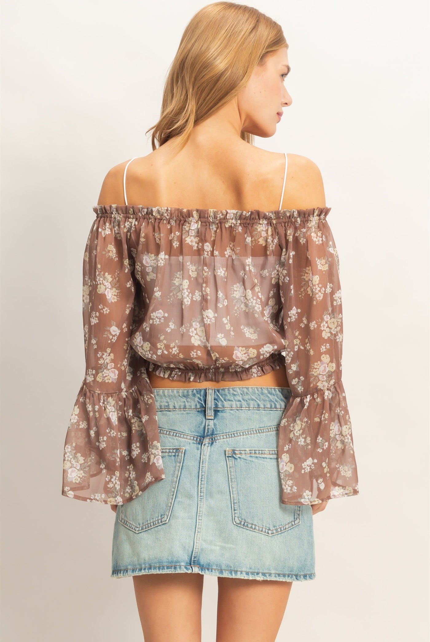 Wholesale Floral Off Shoulder Top Blouses HF26E647 BROWN HYFVE