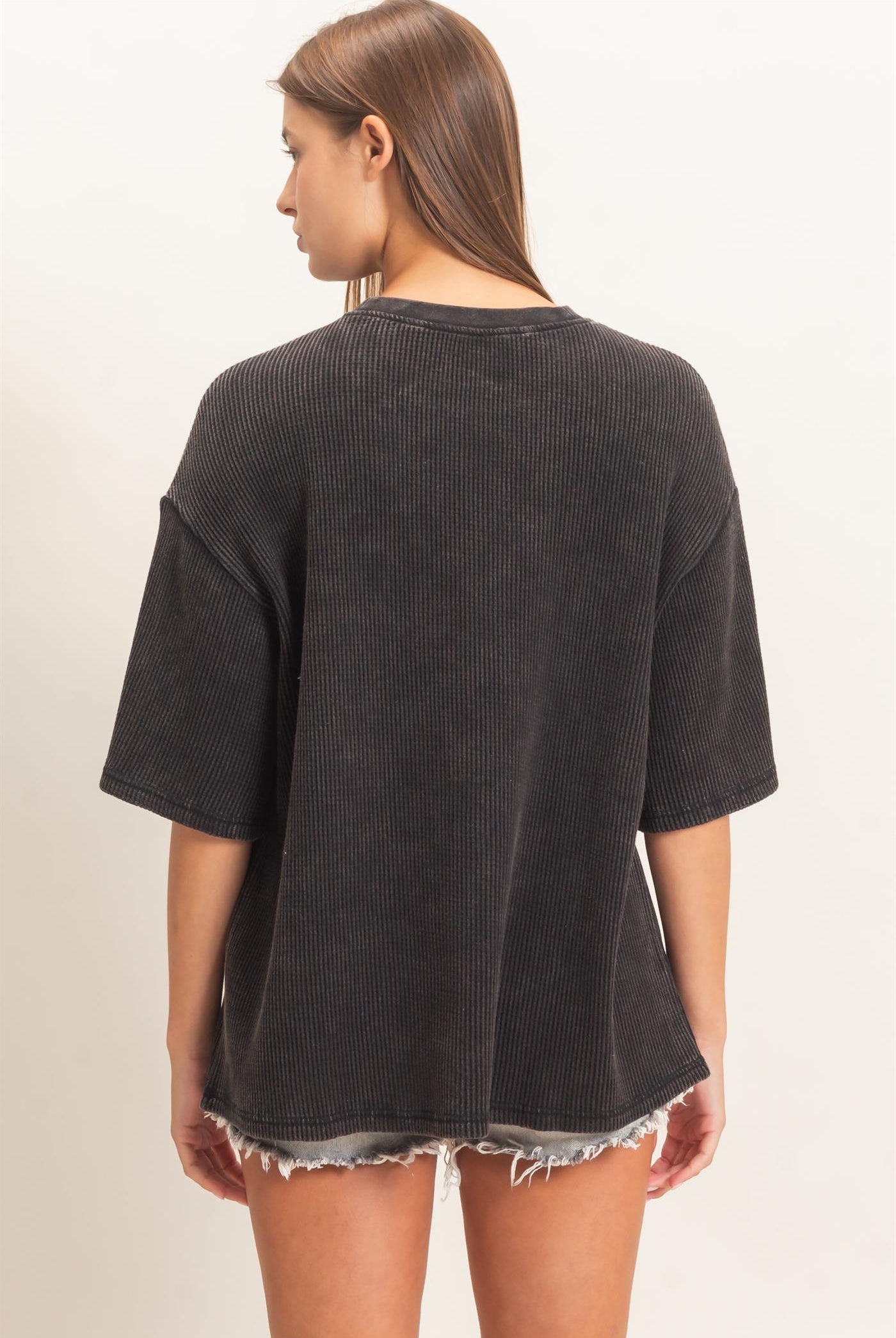 Wholesale Mineral Wash Waffle Crew Neck Short Sleeve Top Clothing Tops DZ26E328 BLACK DOUBLE ZERO