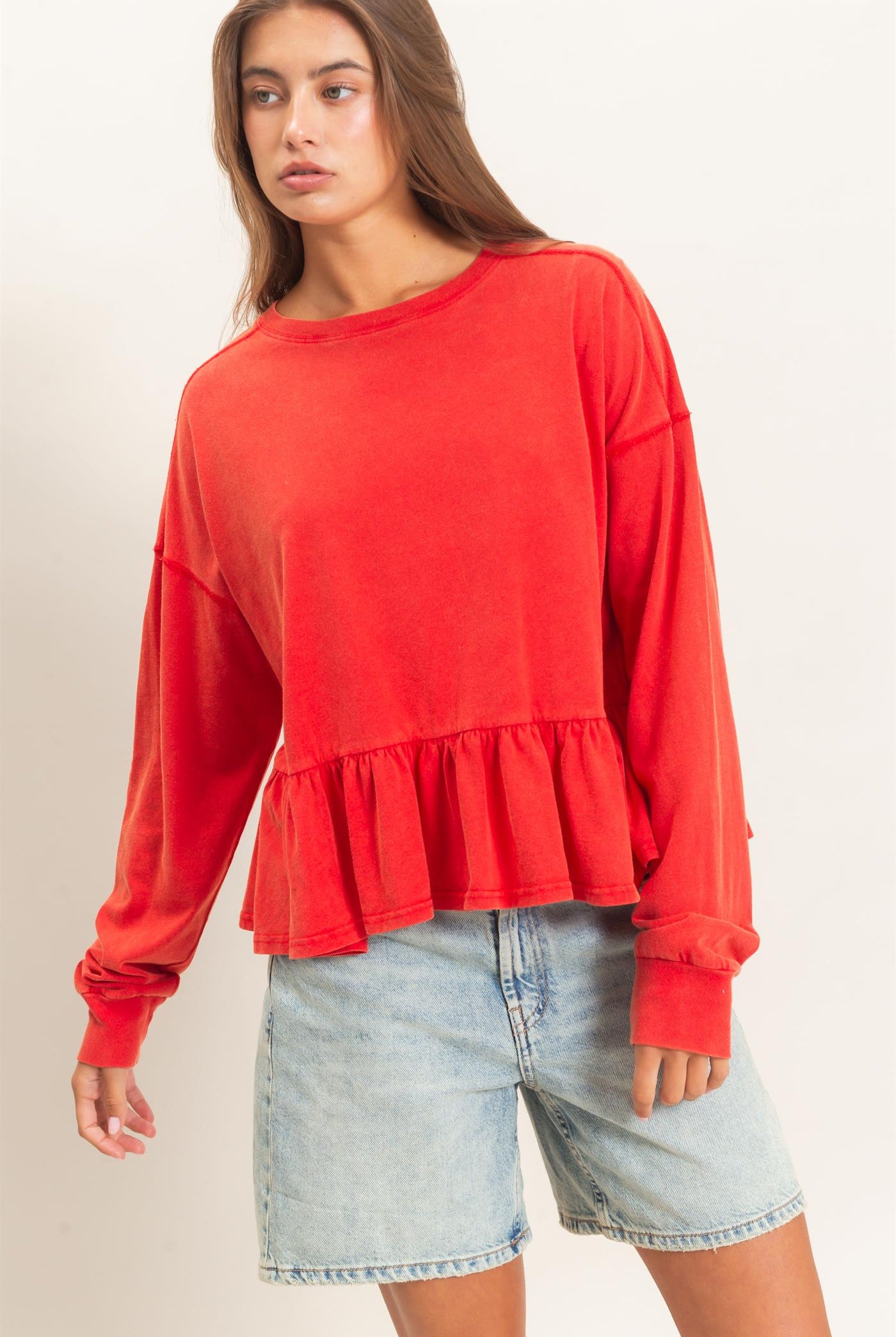 Wholesale Peplum Long Sleeve Top Clothing Tops DZ26F397 RED DOUBLE ZERO