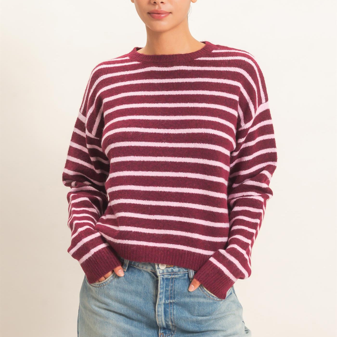 Wholesale Striped Crew Neck Sweater Sweaters DZ26C612 DARK CHERRY DOUBLE ZERO