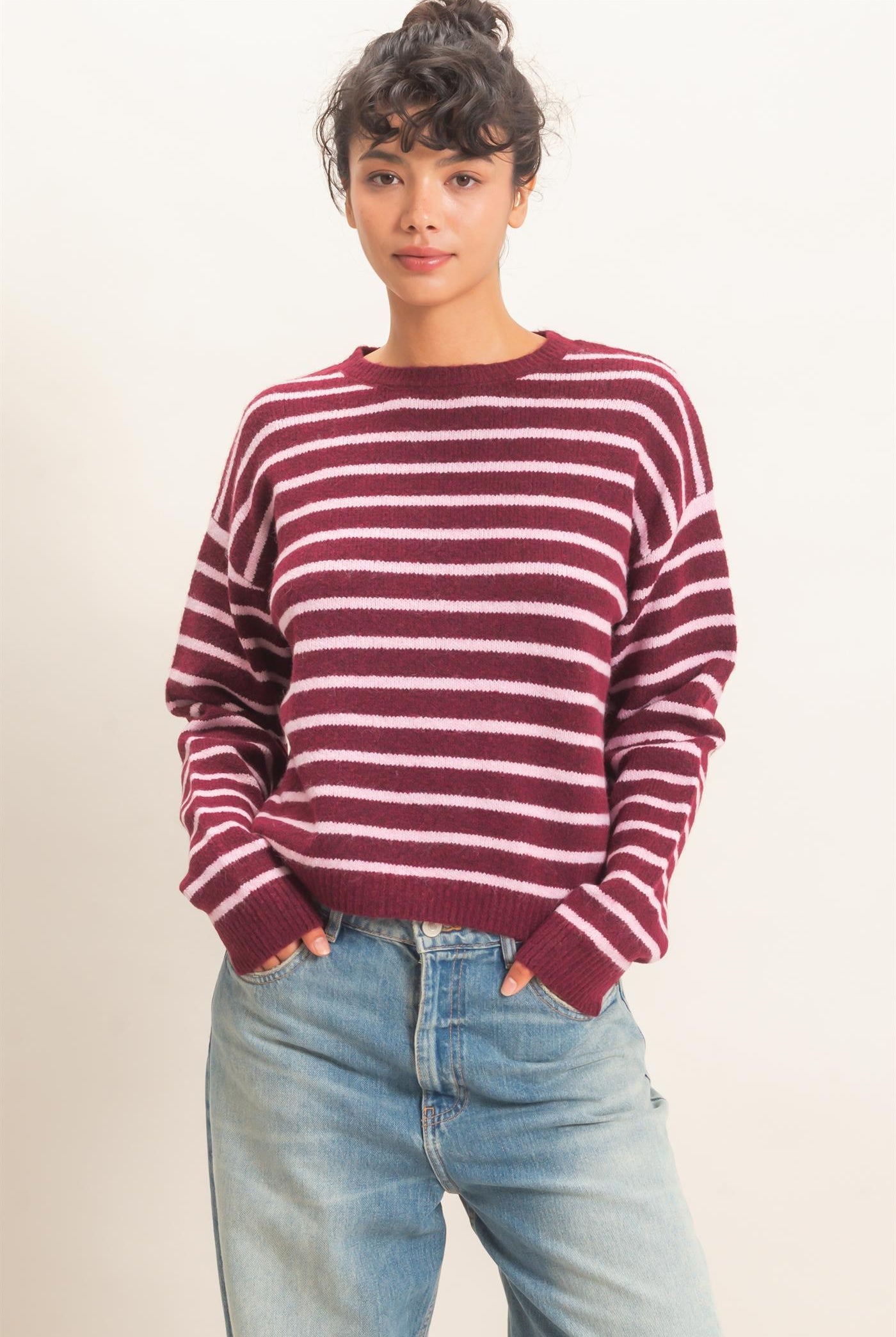 Wholesale Striped Crew Neck Sweater Sweaters DZ26C612 DARK CHERRY DOUBLE ZERO