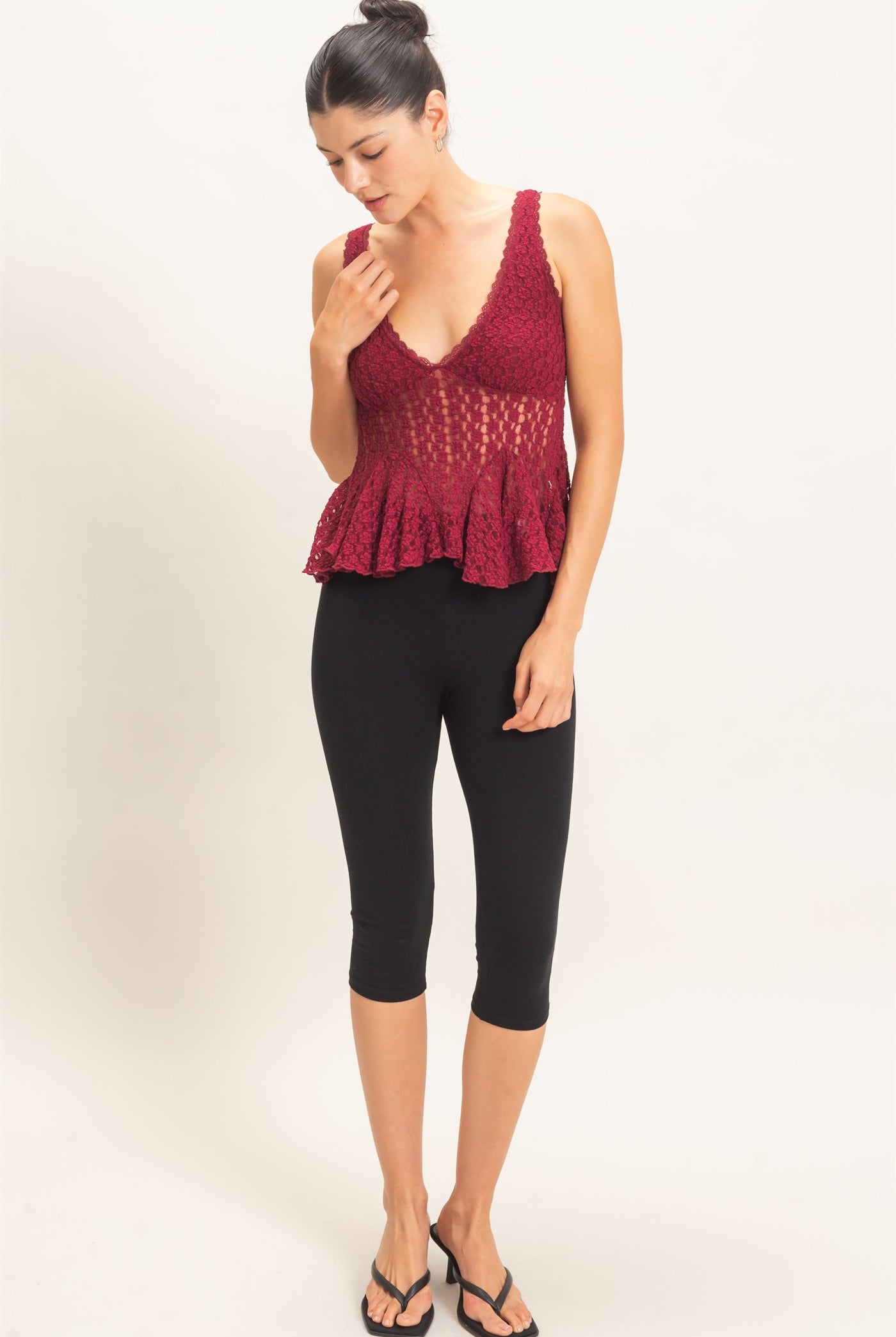 Wholesale Lace V-Neck Peplum Top Clothing Tops HF26E088 BURGUNDY HYFVE