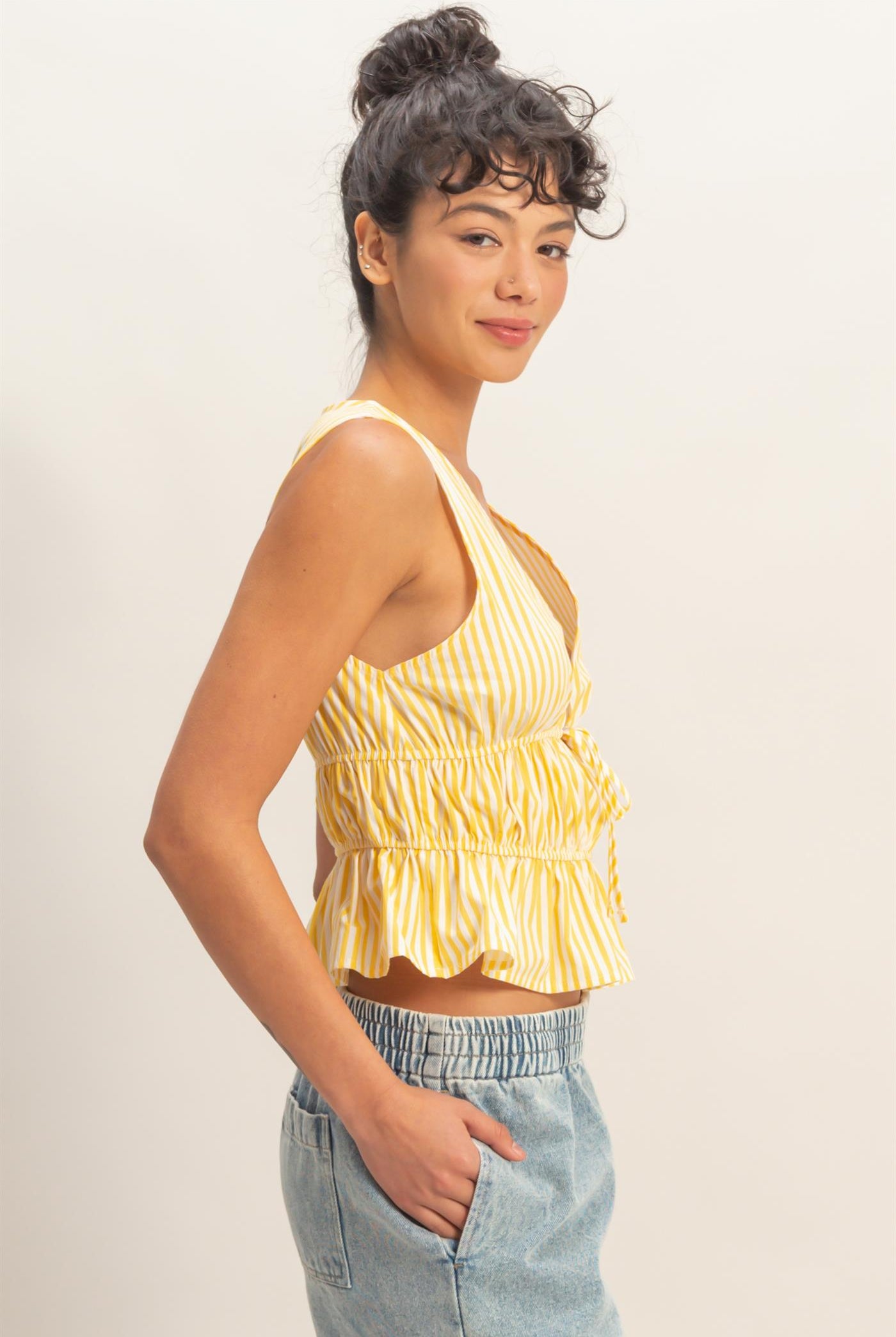 Wholesale Striped Tie Front Peplum Sleeveless Top Clothing Tops DZ26C534 YELLOW DOUBLE ZERO