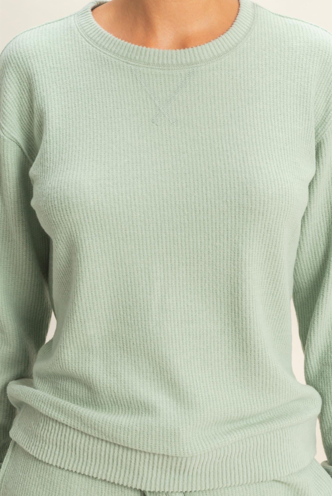 Wholesale Brushed Waffle Crew Neck Long Sleeve Top Clothing Tops DZ26A177 SAGE GREEN DOUBLE ZERO