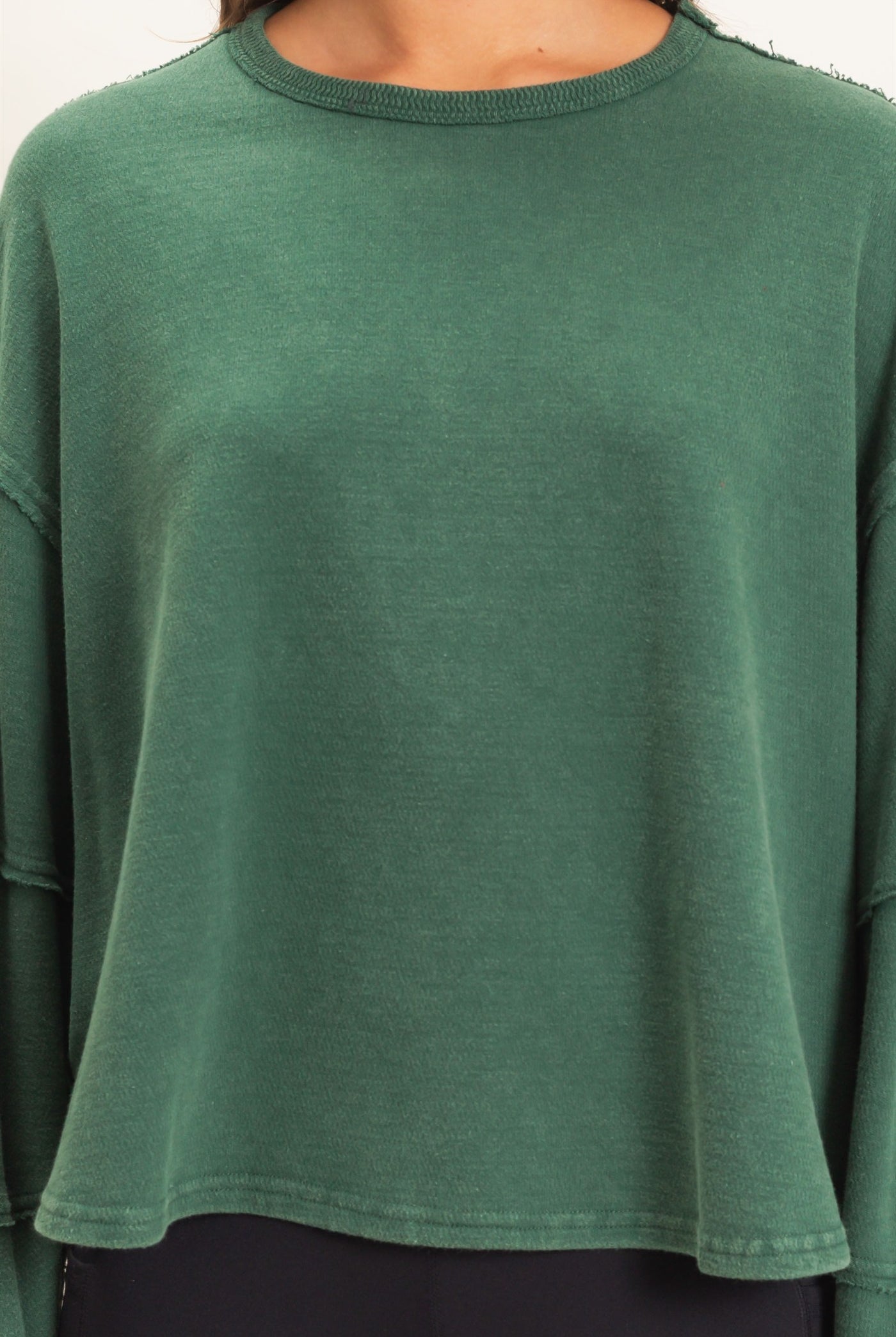 Wholesale Mineral Wash Overzised Raw Edge Crew Neck Top Clothing Tops DZ26E449 DARK GREEN DOUBLE ZERO