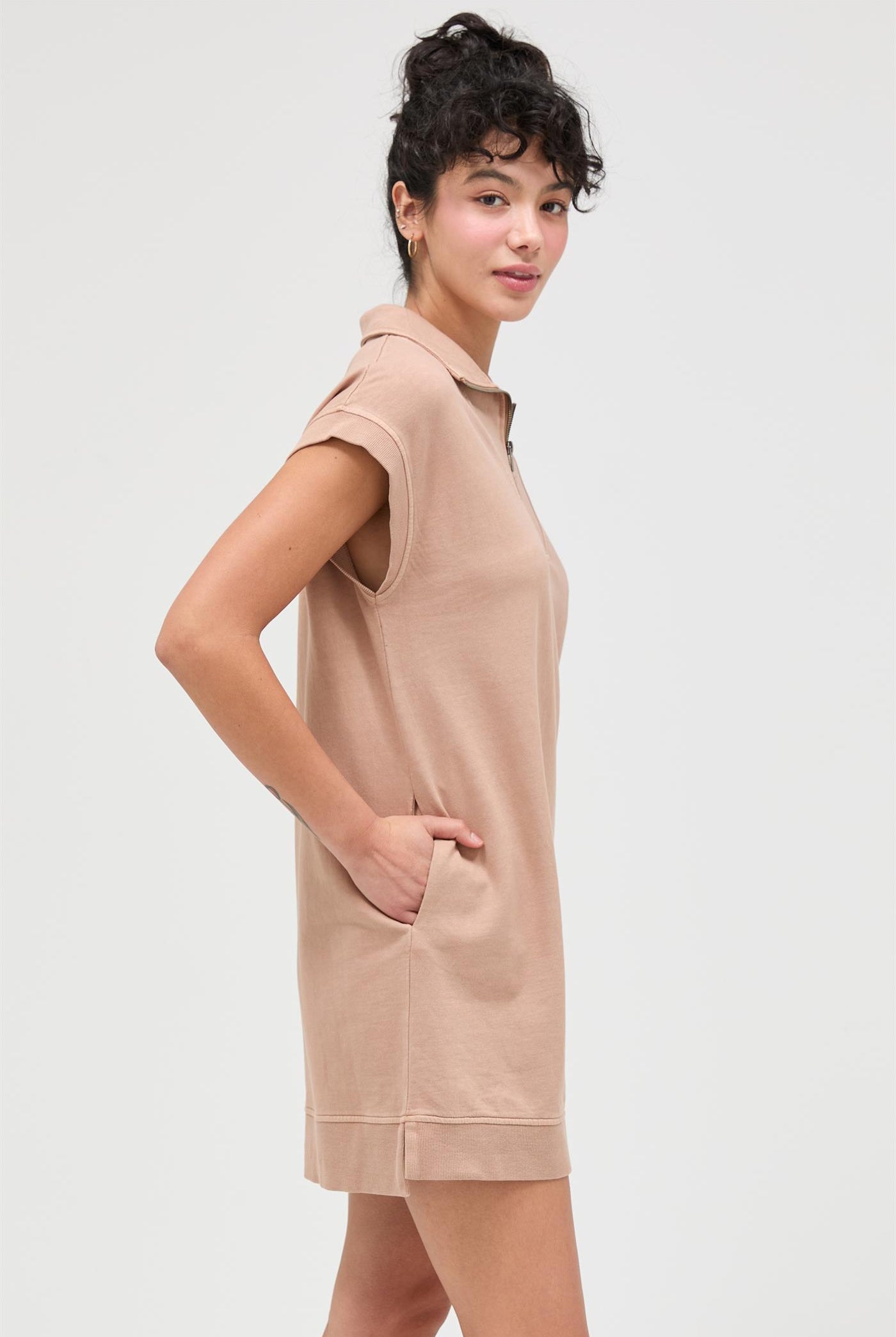 Wholesale Half Zip Up Mock Neck Mini Dress Dresses DZ26A030 DARK TAUPE DOUBLE ZERO