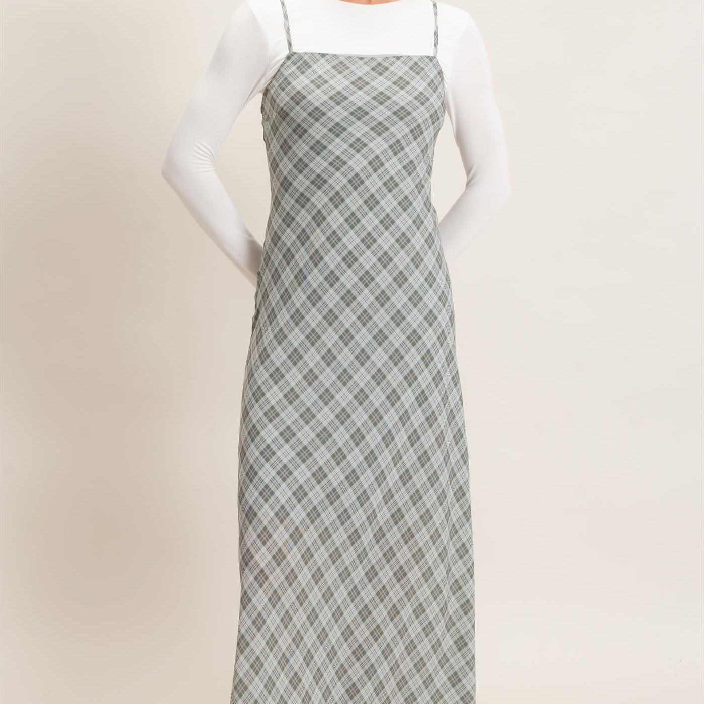 Wholesale Plaid Spaghetti Strap Maxi Dress Dresses HF26E573 SAGE GREEN HYFVE