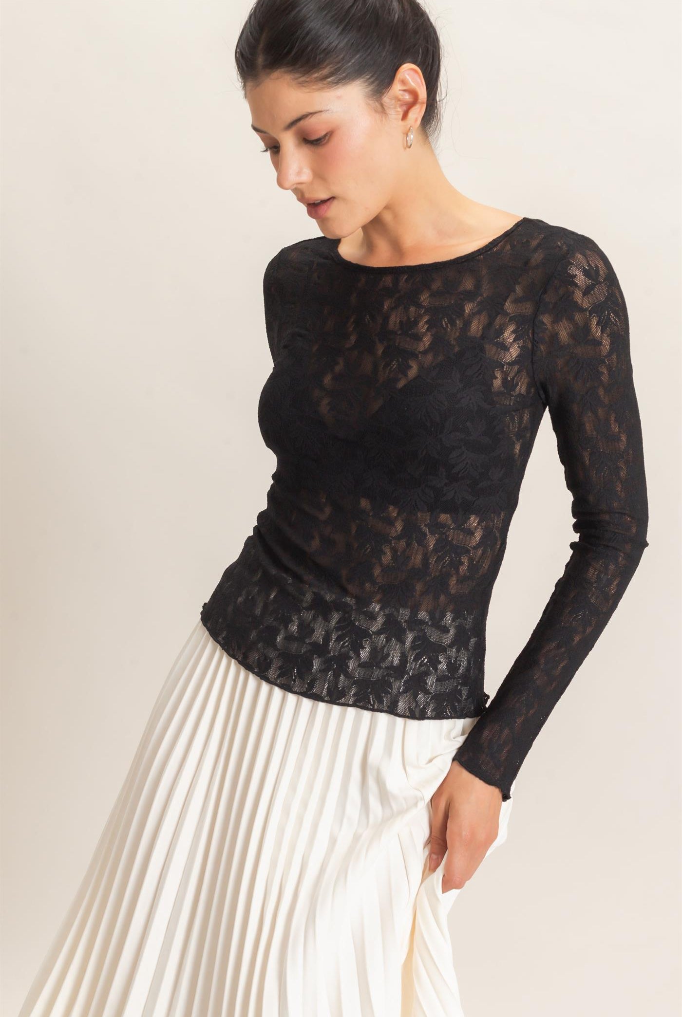 Wholesale Floral Lace Long Sleeve Top Clothing Tops HF26E309 BLACK HYFVE