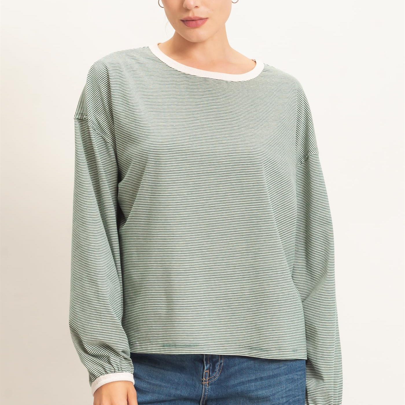 Wholesale Striped Boat Neck Long Sleeve Top Clothing Tops HF26E674 GREEN HYFVE