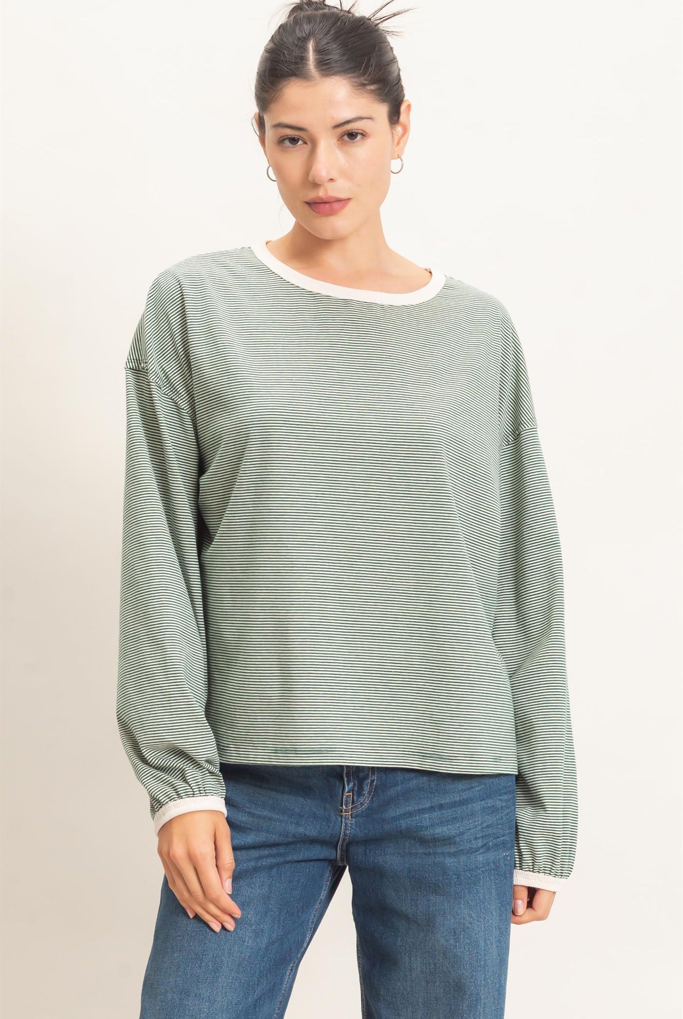 Wholesale Striped Boat Neck Long Sleeve Top Clothing Tops HF26E674 GREEN HYFVE