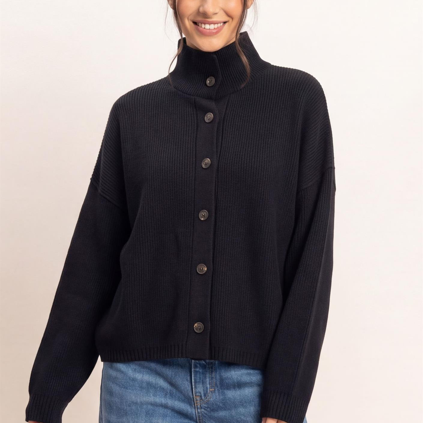 Wholesale High Neck Oversized Cardigan Cardigans DZ26E280 BLACK DOUBLE ZERO