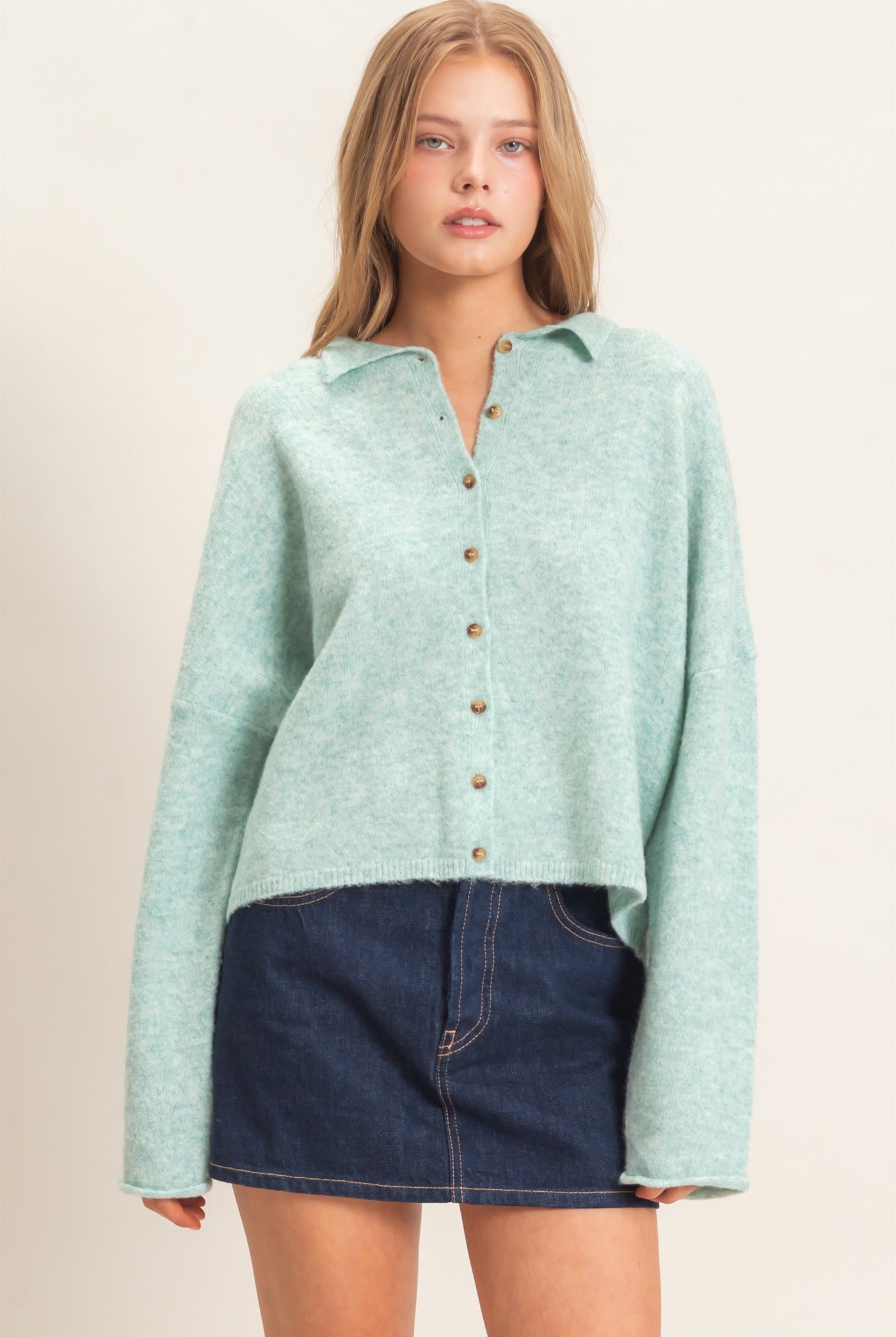 Wholesale Button-Up Collared Sweater Cardigan Cardigans HF26E039 EMERALD GREEN HYFVE
