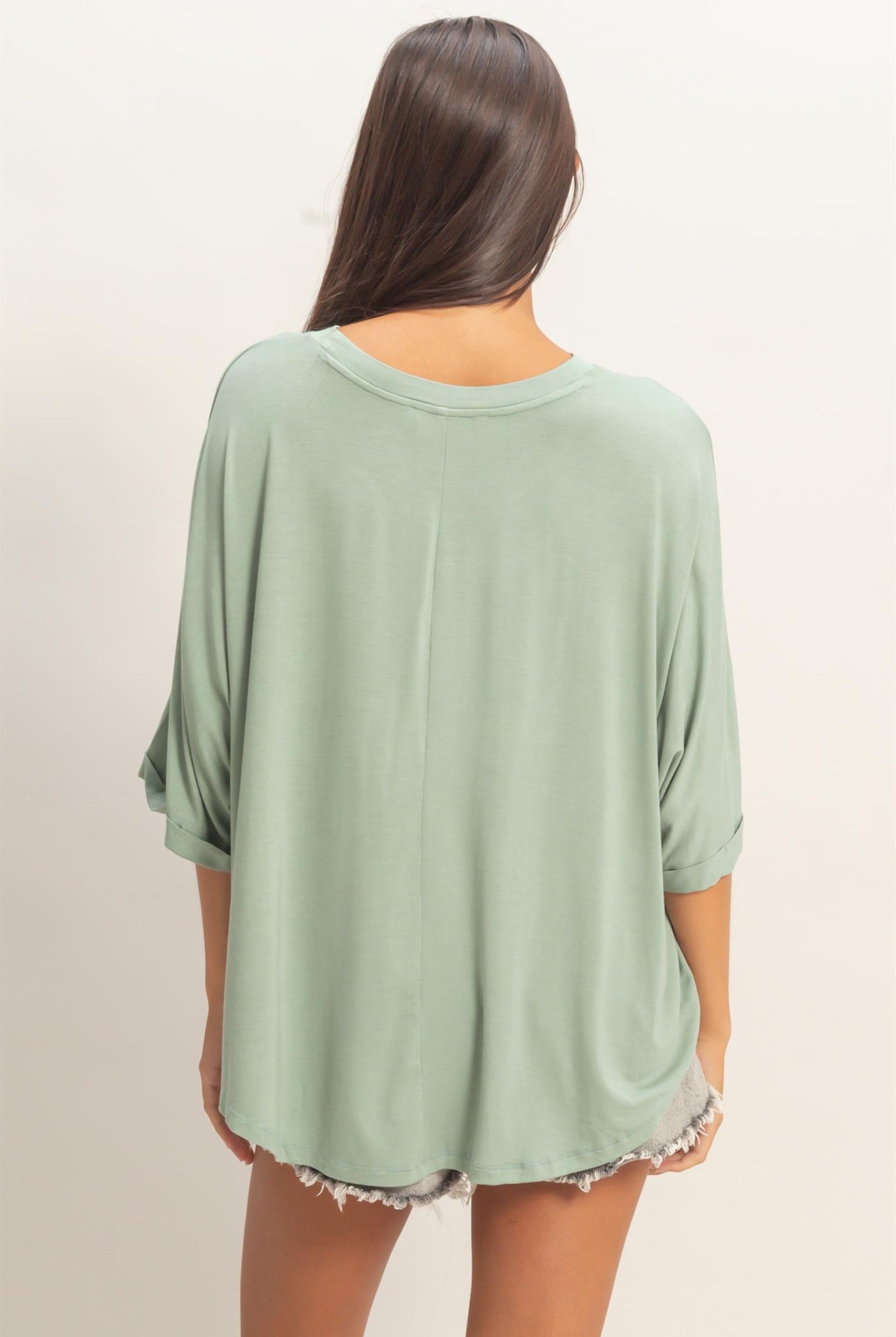 Wholesale Relaxed High-Low Batwing Sleeve Top Shirts DZ26A742 SAGE GREEN DOUBLE ZERO