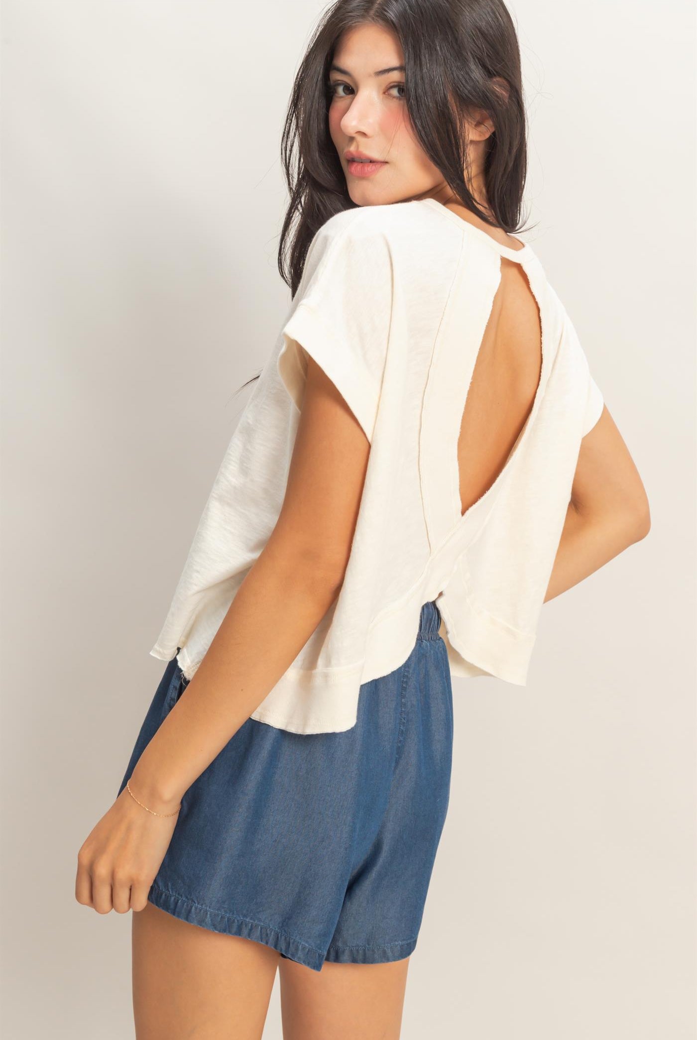 Wholesale Acid Wahsed Cross Detail Open Back Top Clothing Tops DZ26A225 WHIP CREAM DOUBLE ZERO