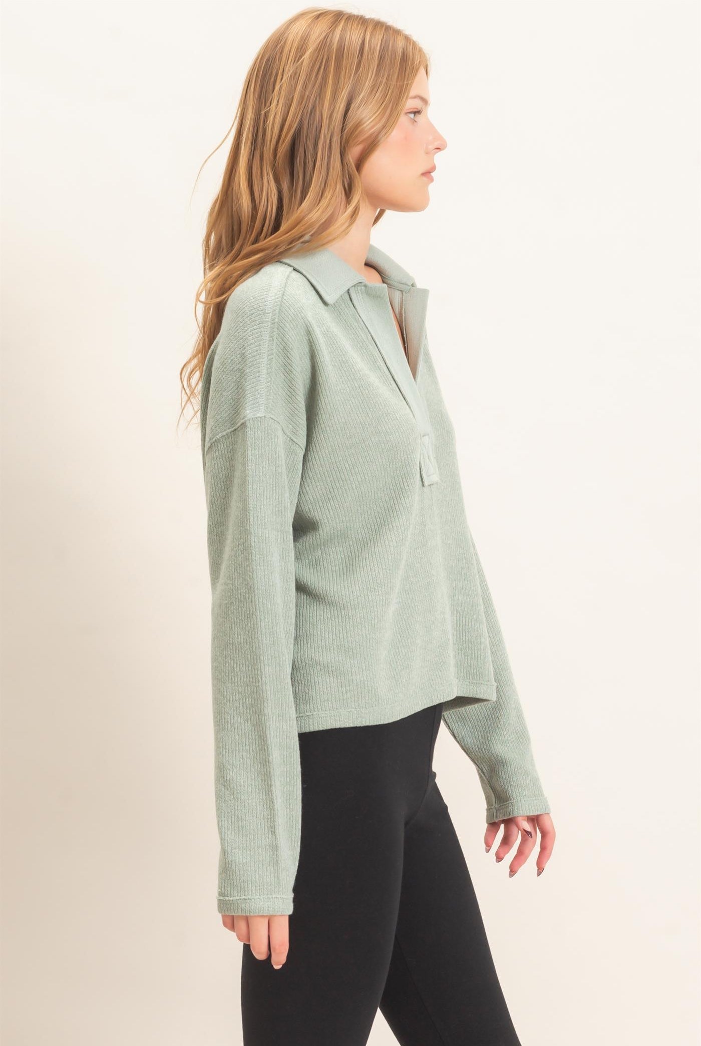 Wholesale Ribbed Collared Pullover Top Clothing Tops HF26E472 SAGE HYFVE
