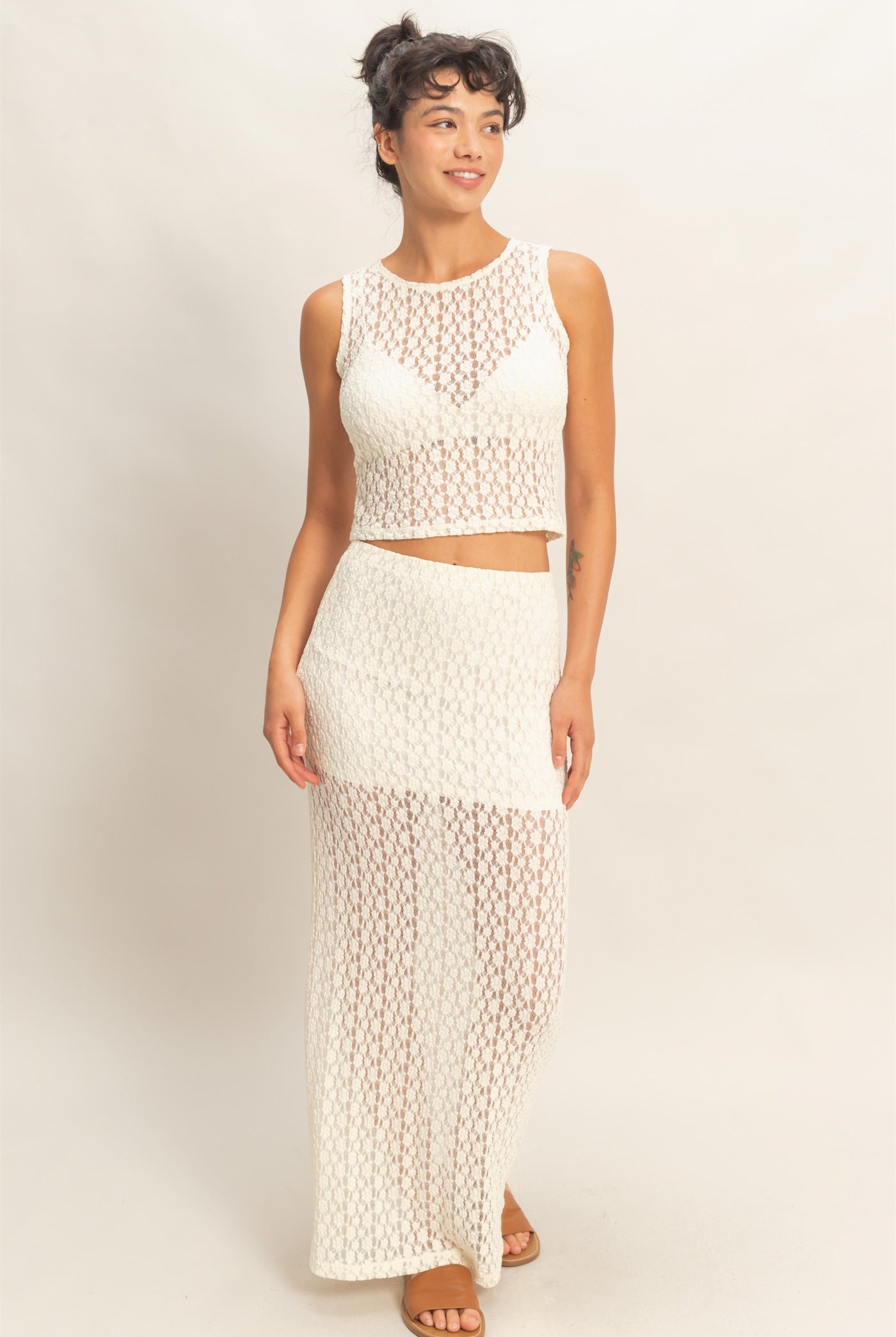 Wholesale Round Neck Lace Top & Lace Maxi Skirt Set Clothing DZ26C670-SET CREAM DOUBLE ZERO
