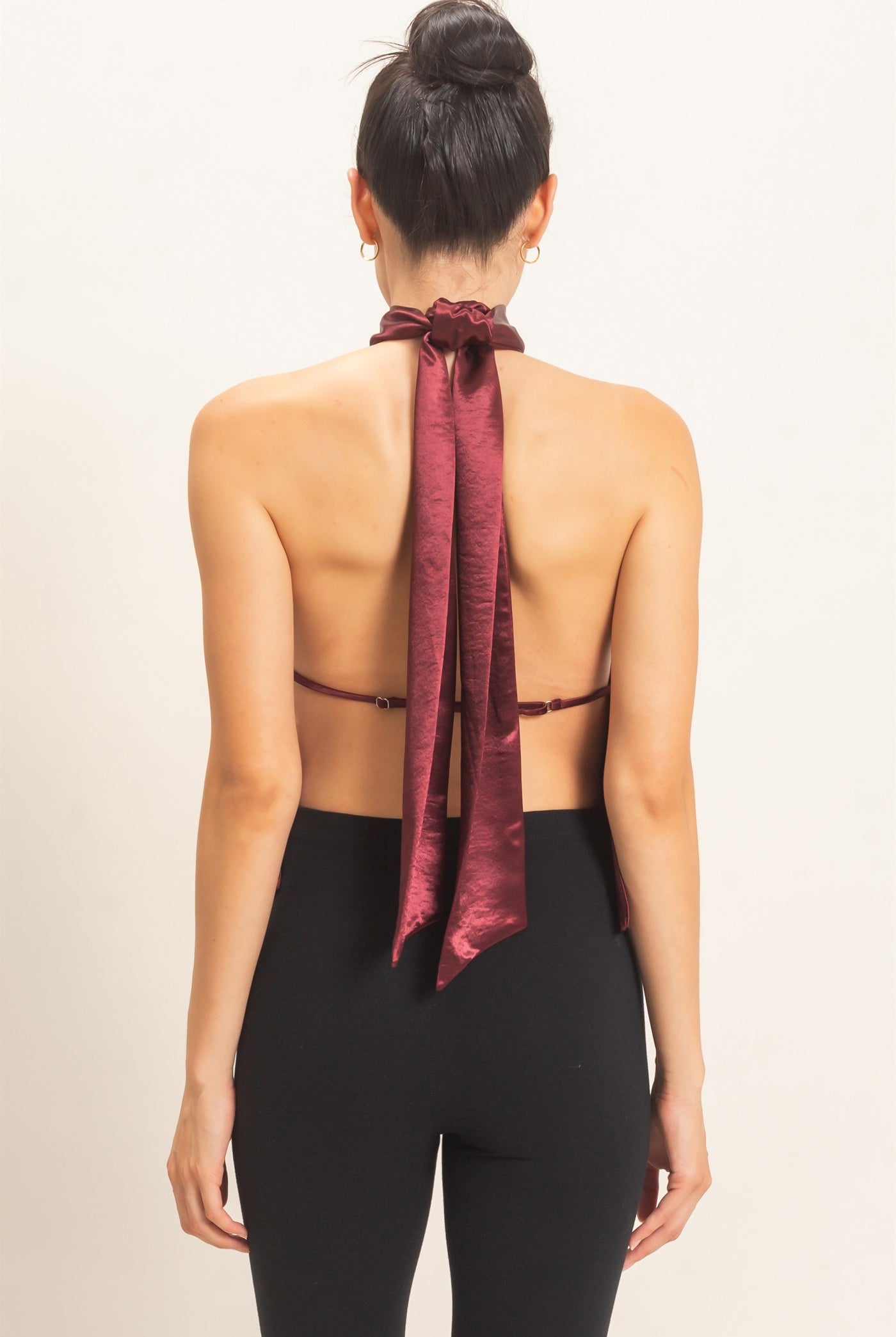 Wholesale Asymmetrical Satin Halter Top Blouses HF26F114 WINE HYFVE