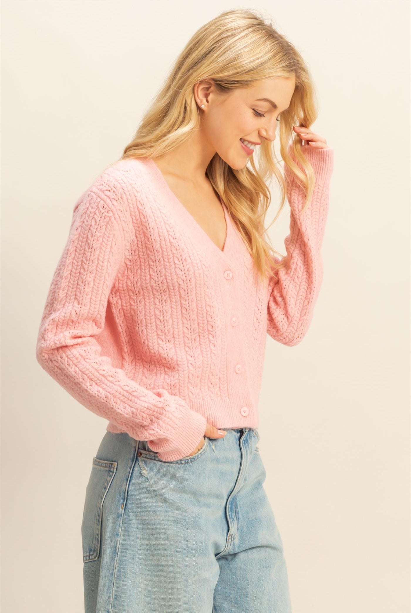 Wholesale Buttoned Cable Knit Sweater Cardigans HF25E396 PINK DOUBLE ZERO