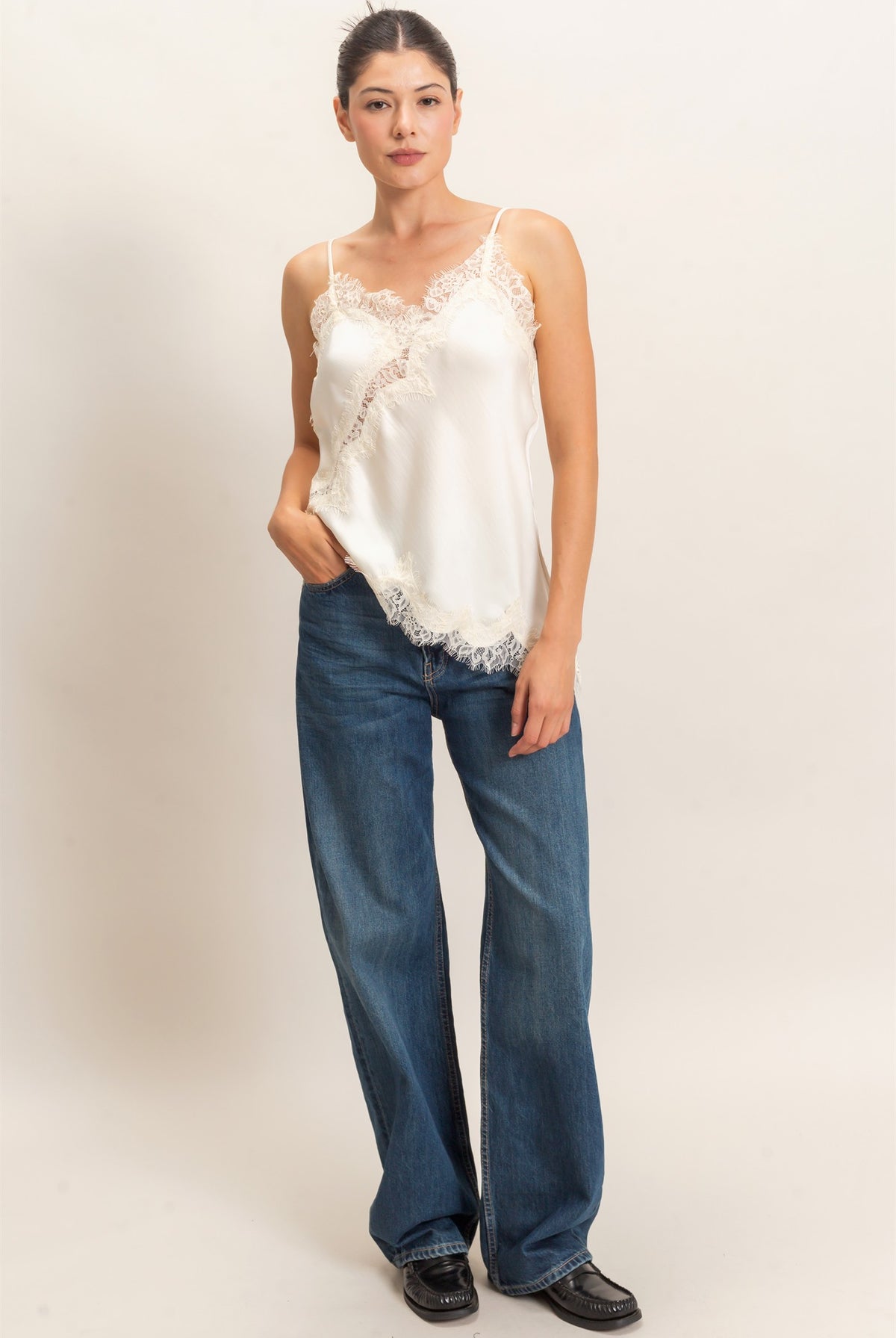 Wholesale Asymmetrical Satin Lace Top Camisoles HF26C945-D CREAM HYFVE