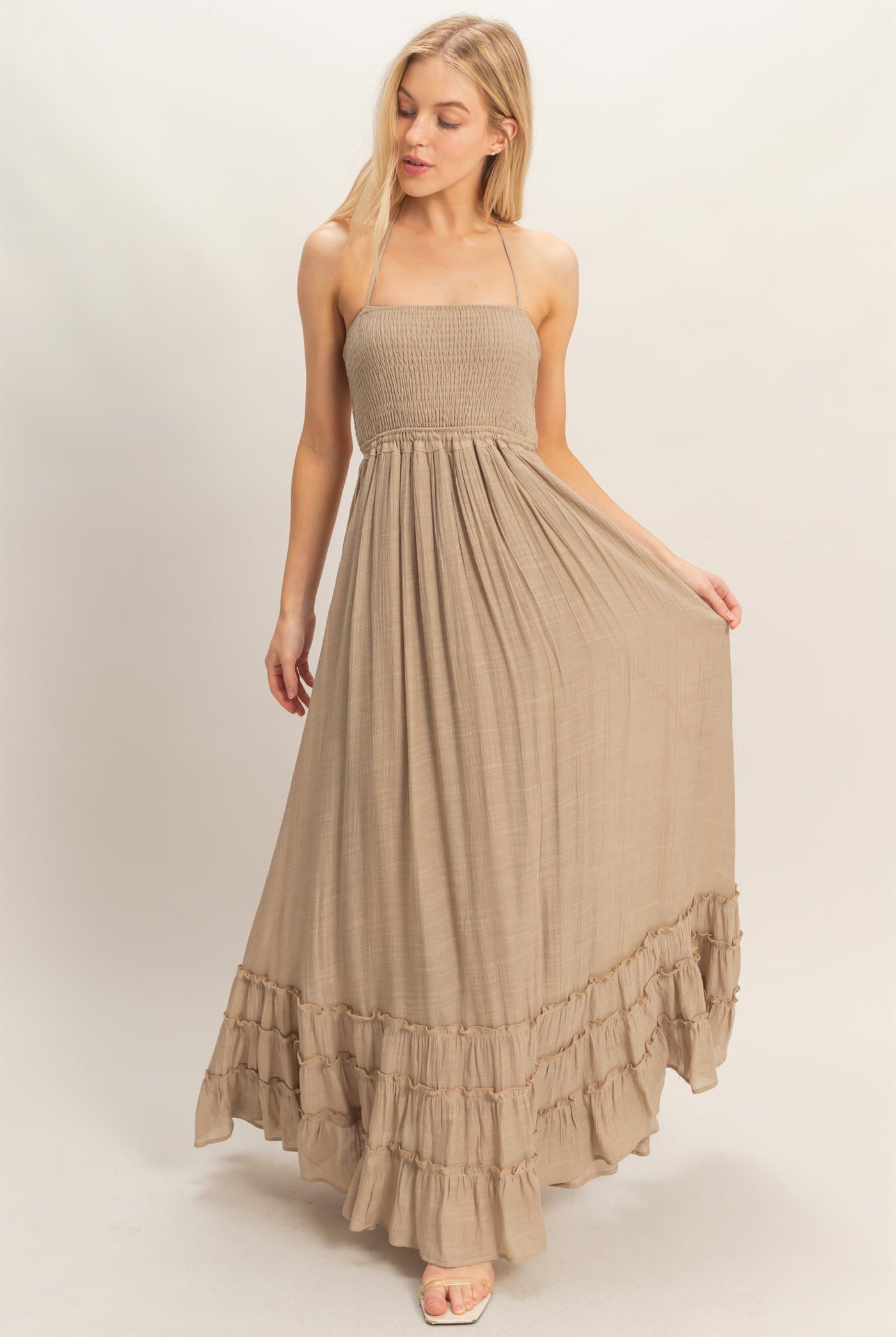 Wholesale Smocked Halter Maxi Dress Dresses HF26C290-D TAUPE HYFVE