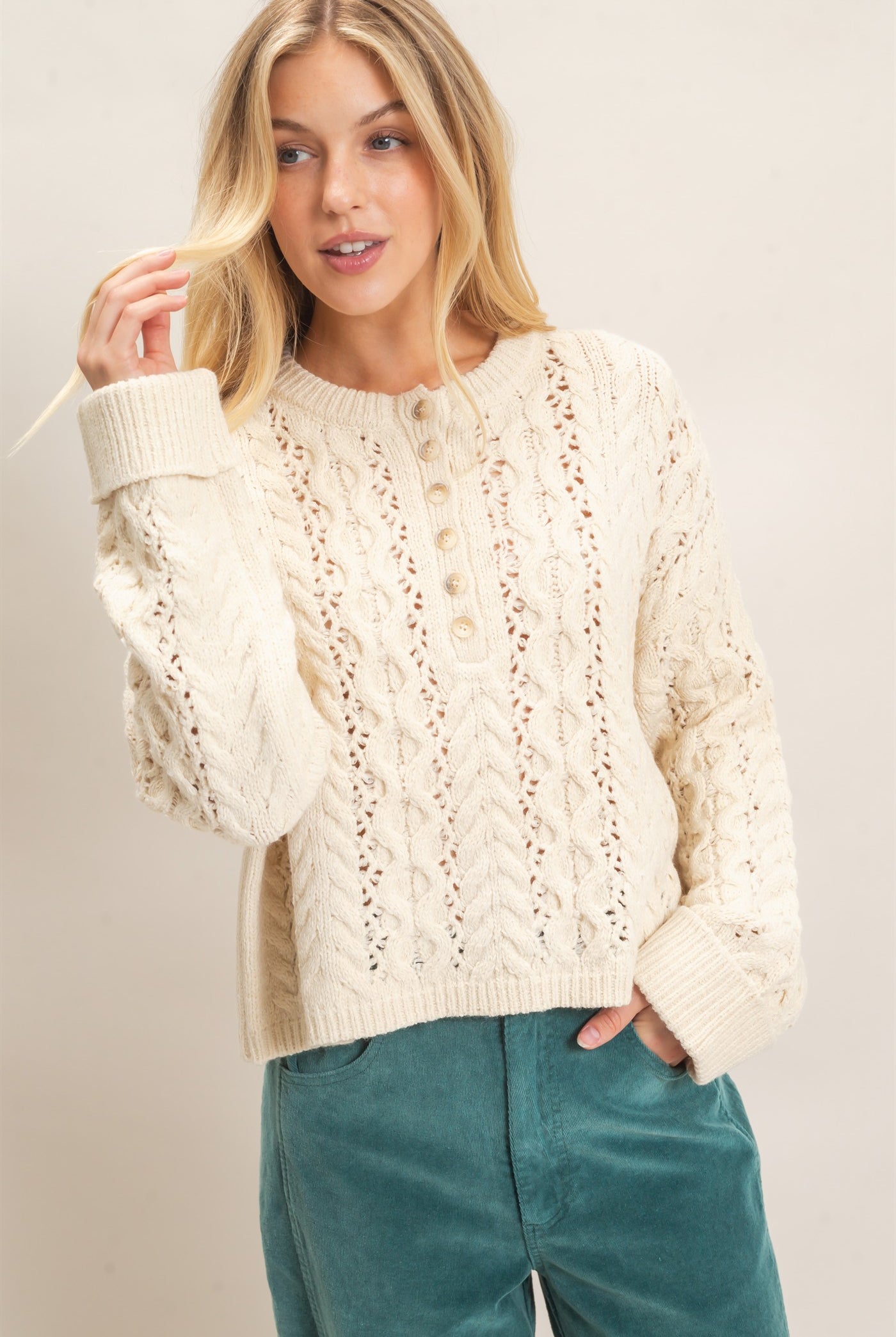 Wholesale Cable Knit Henley Sweaters HF26E552 CREAM HYFVE